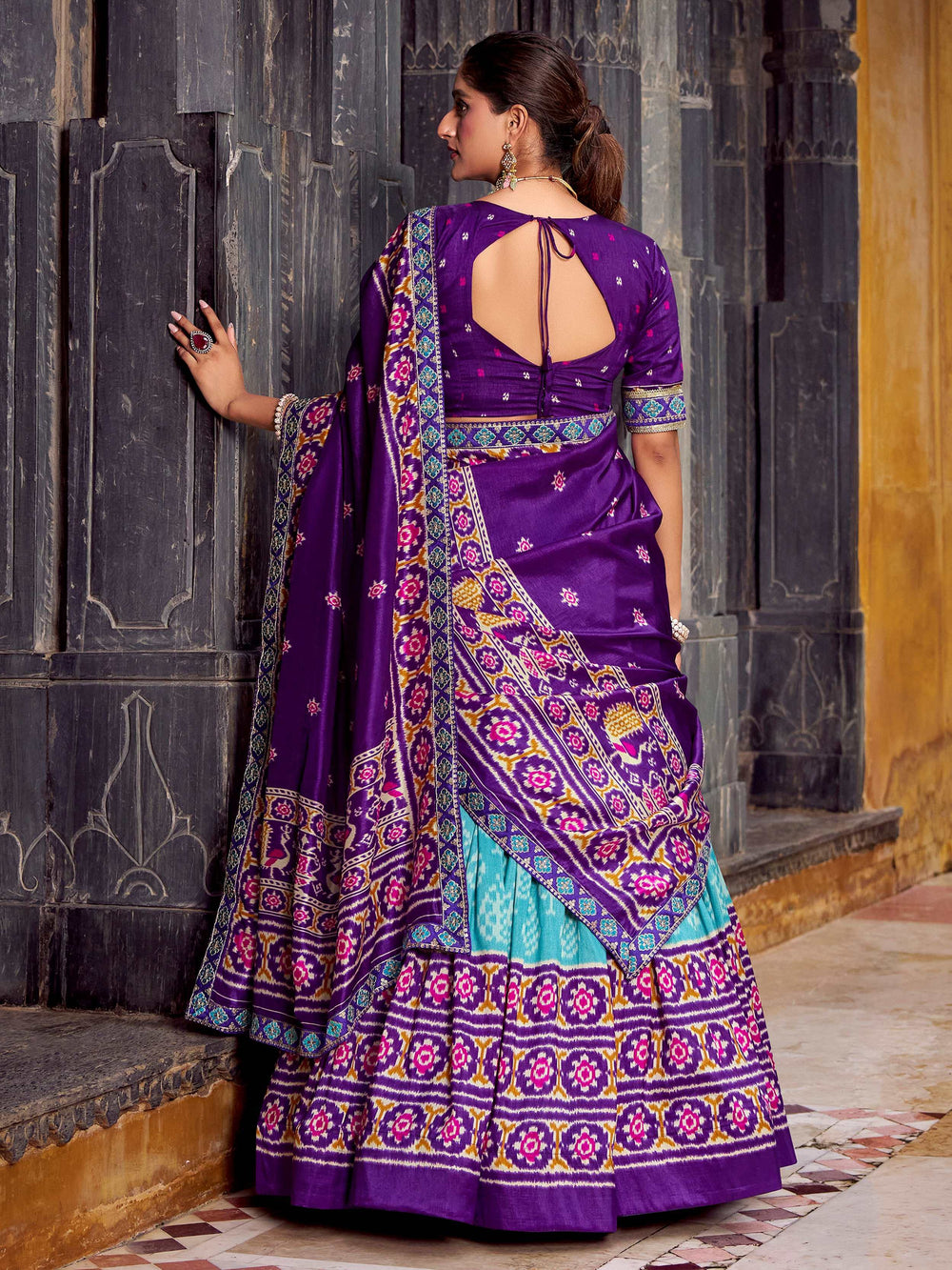 Sky Blue Silk Ikkat Printed Festival Wear Lehenga Choli