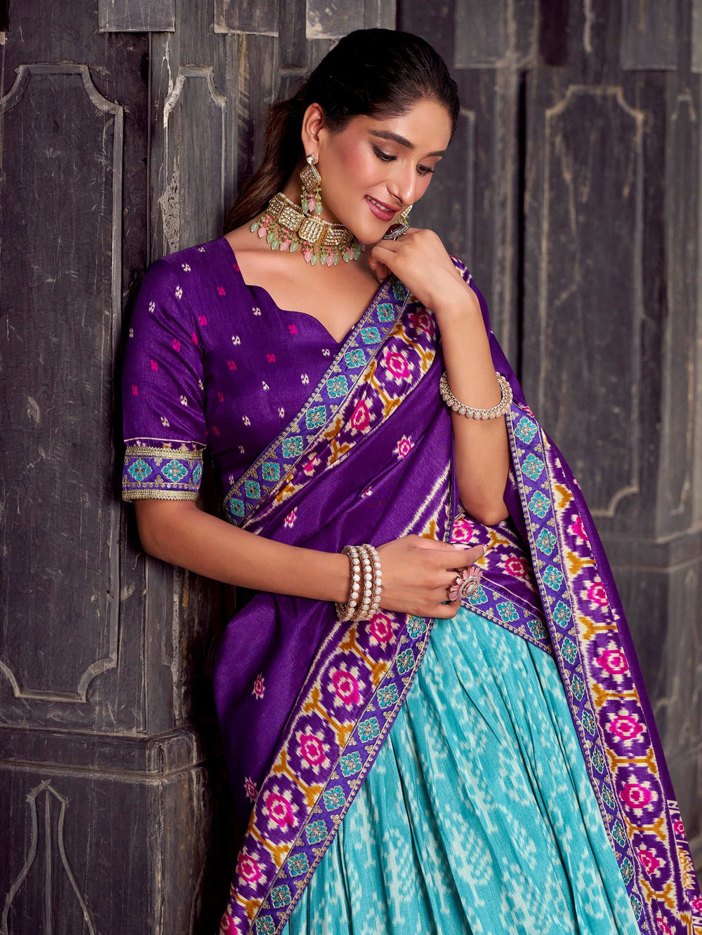 Sky Blue Silk Ikkat Printed Festival Wear Lehenga Choli