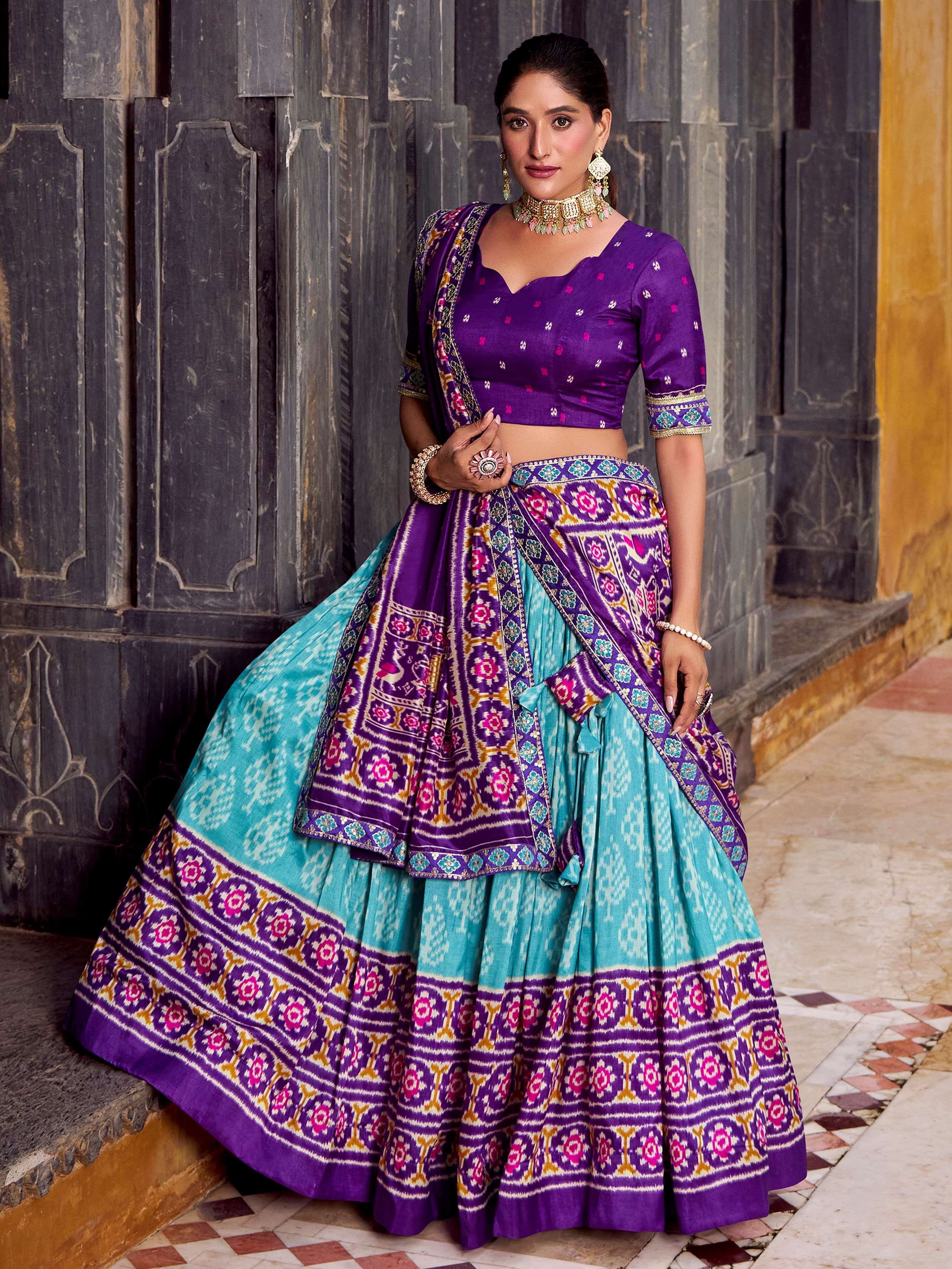 Sky Blue Silk Ikkat Printed Festival Wear Lehenga Choli