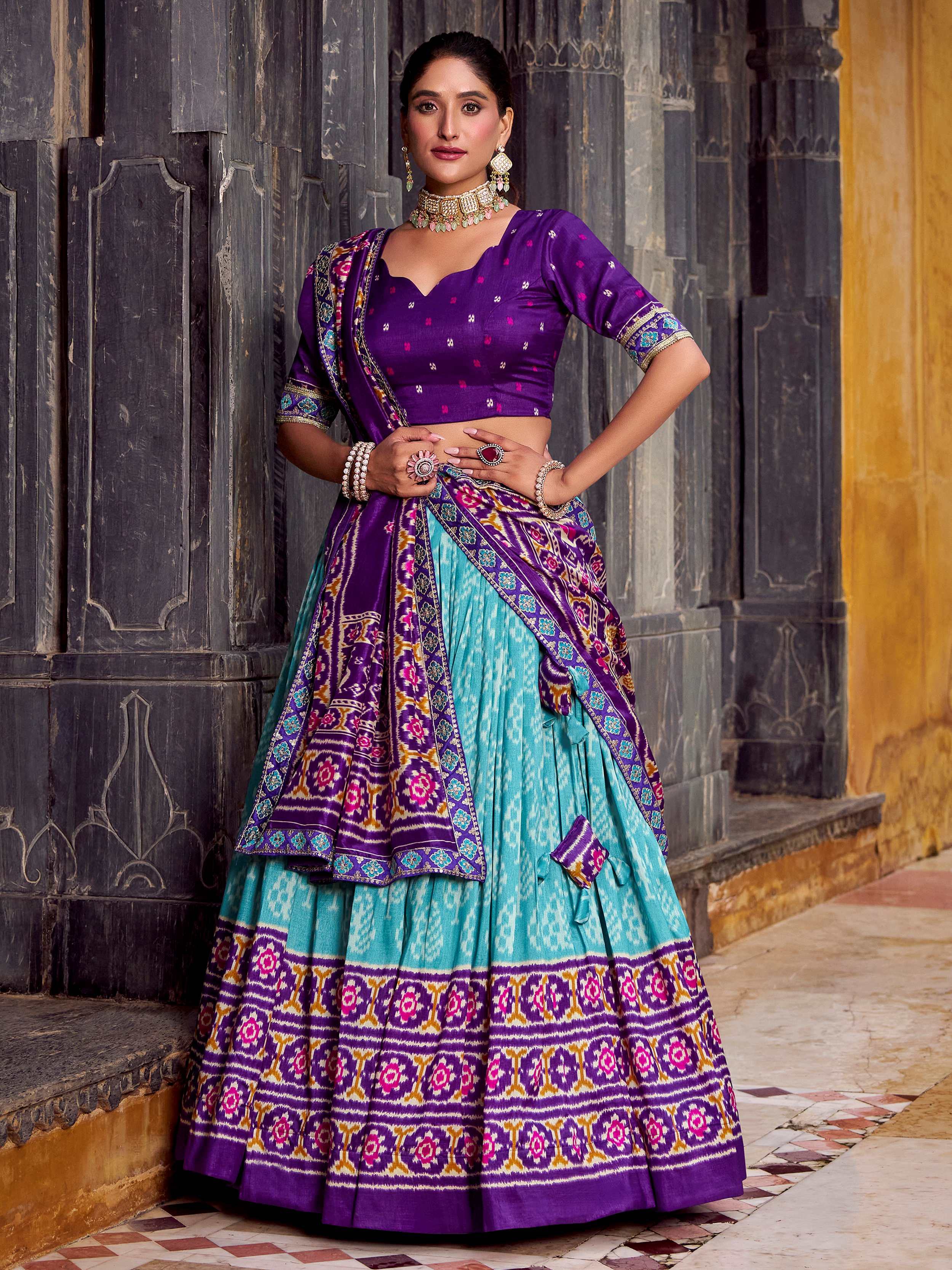 Sky Blue Silk Ikkat Printed Festival Wear Lehenga Choli