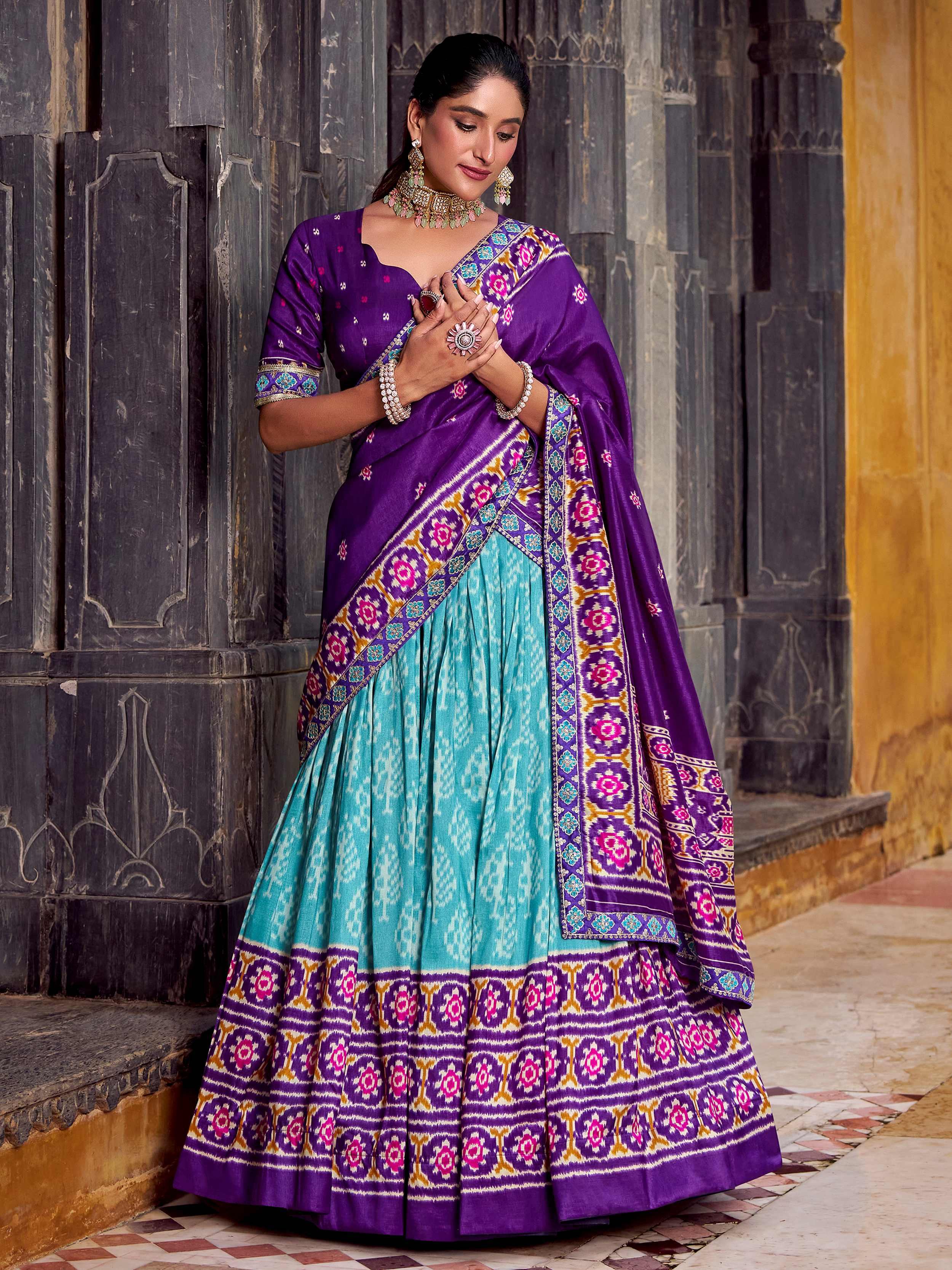 Sky Blue Silk Ikkat Printed Festival Wear Lehenga Choli