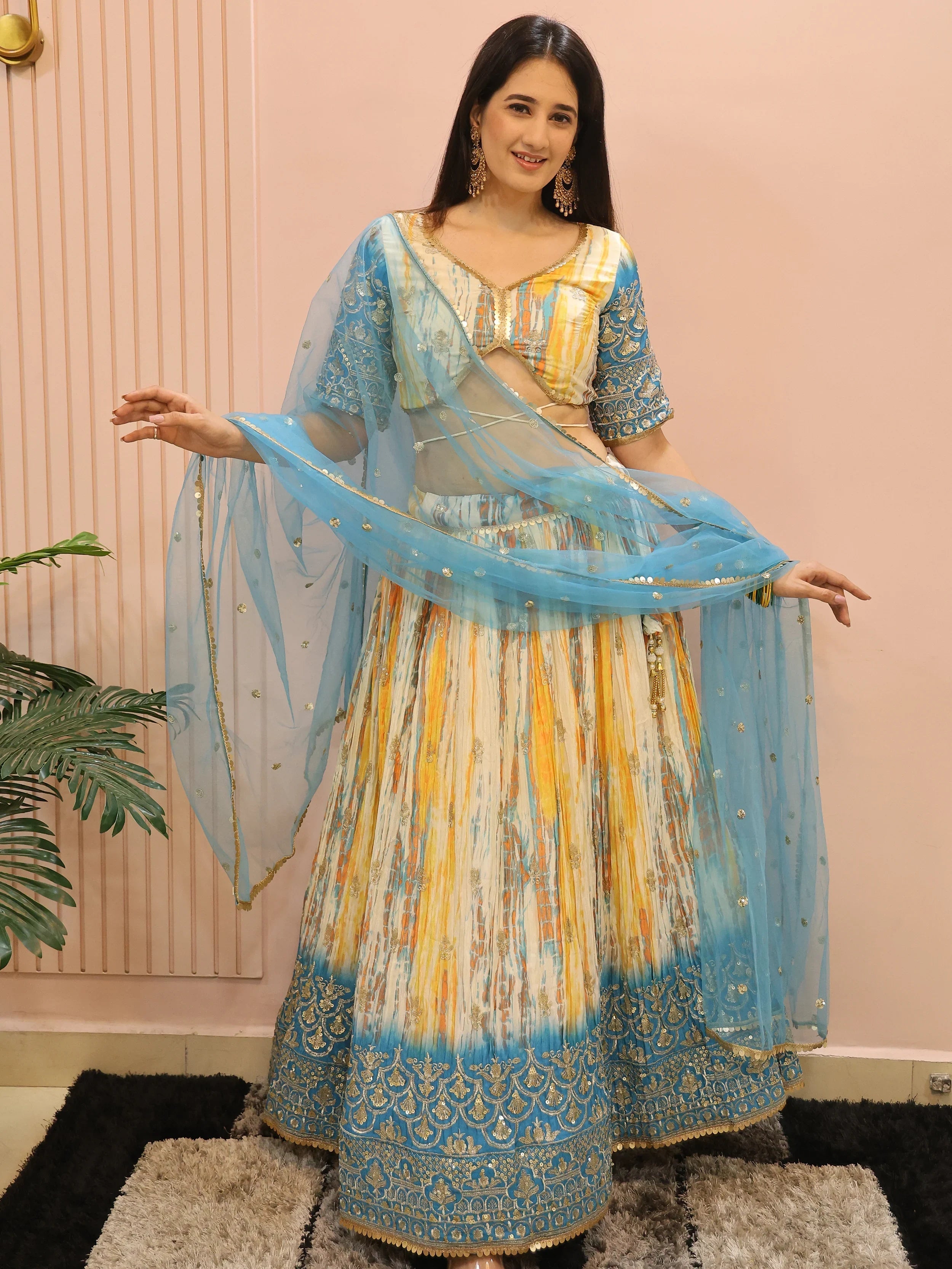 Multi Chinon Thread Embroidered Festival Wear Lehenga Choli for Women