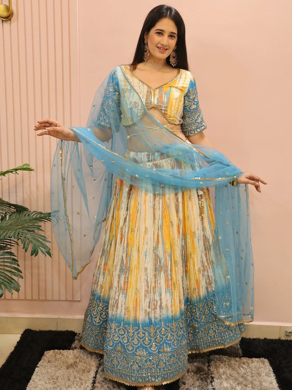Multi Chinon Thread Embroidered Festival Wear Lehenga Choli for Women