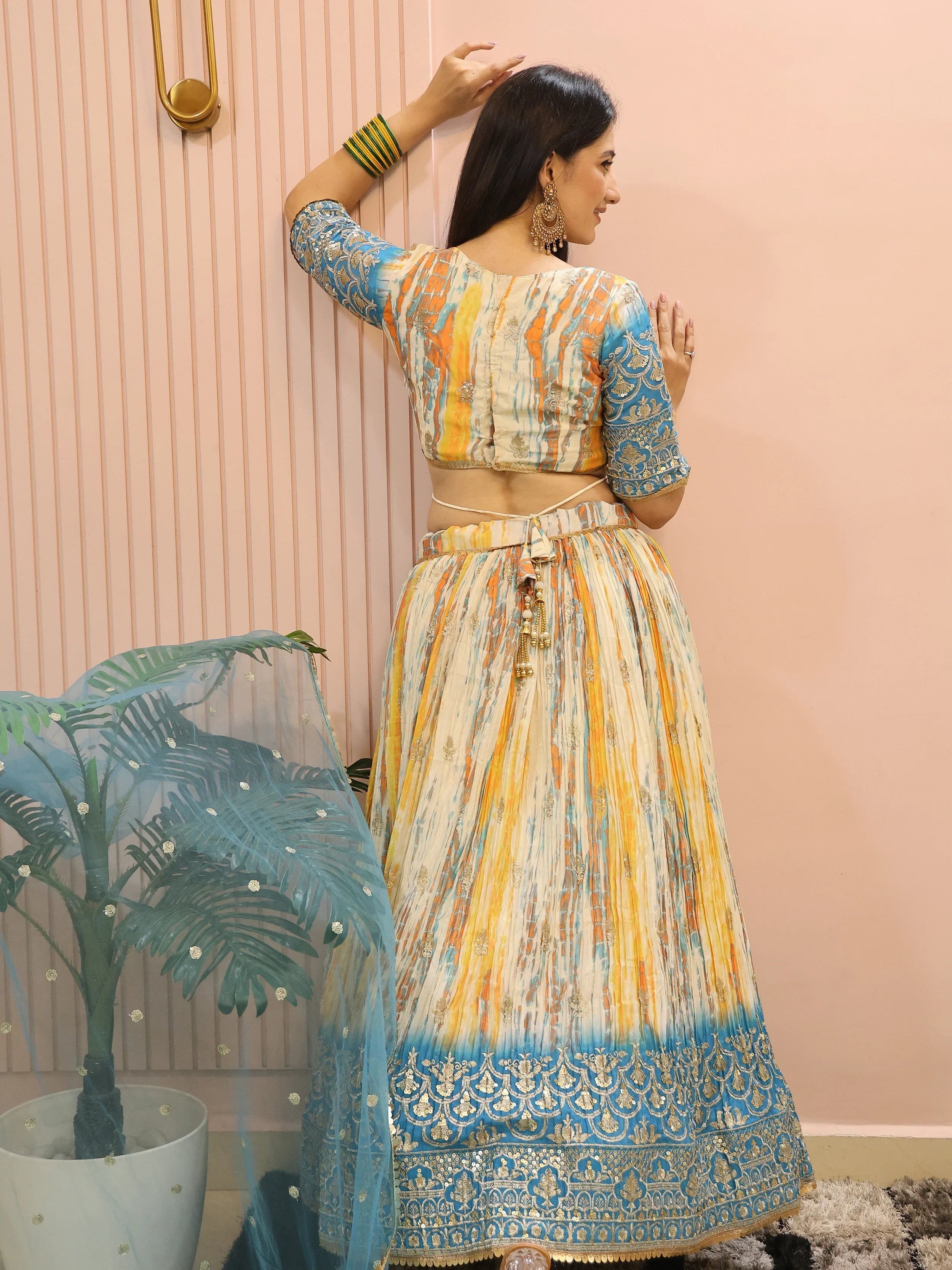 Multi Chinon Thread Embroidered Festival Wear Lehenga Choli for Women
