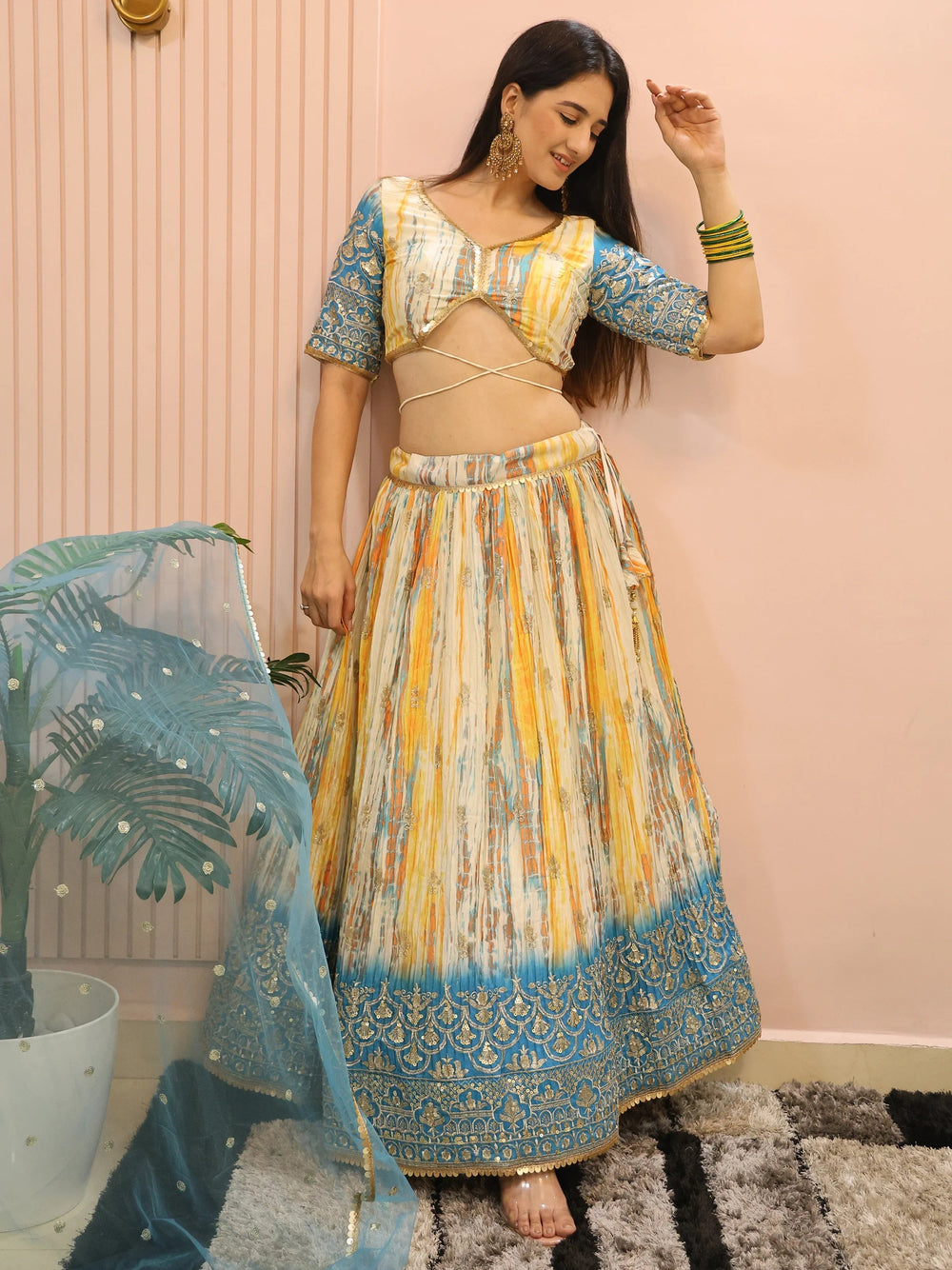 Multi Chinon Thread Embroidered Festival Wear Lehenga Choli for Women