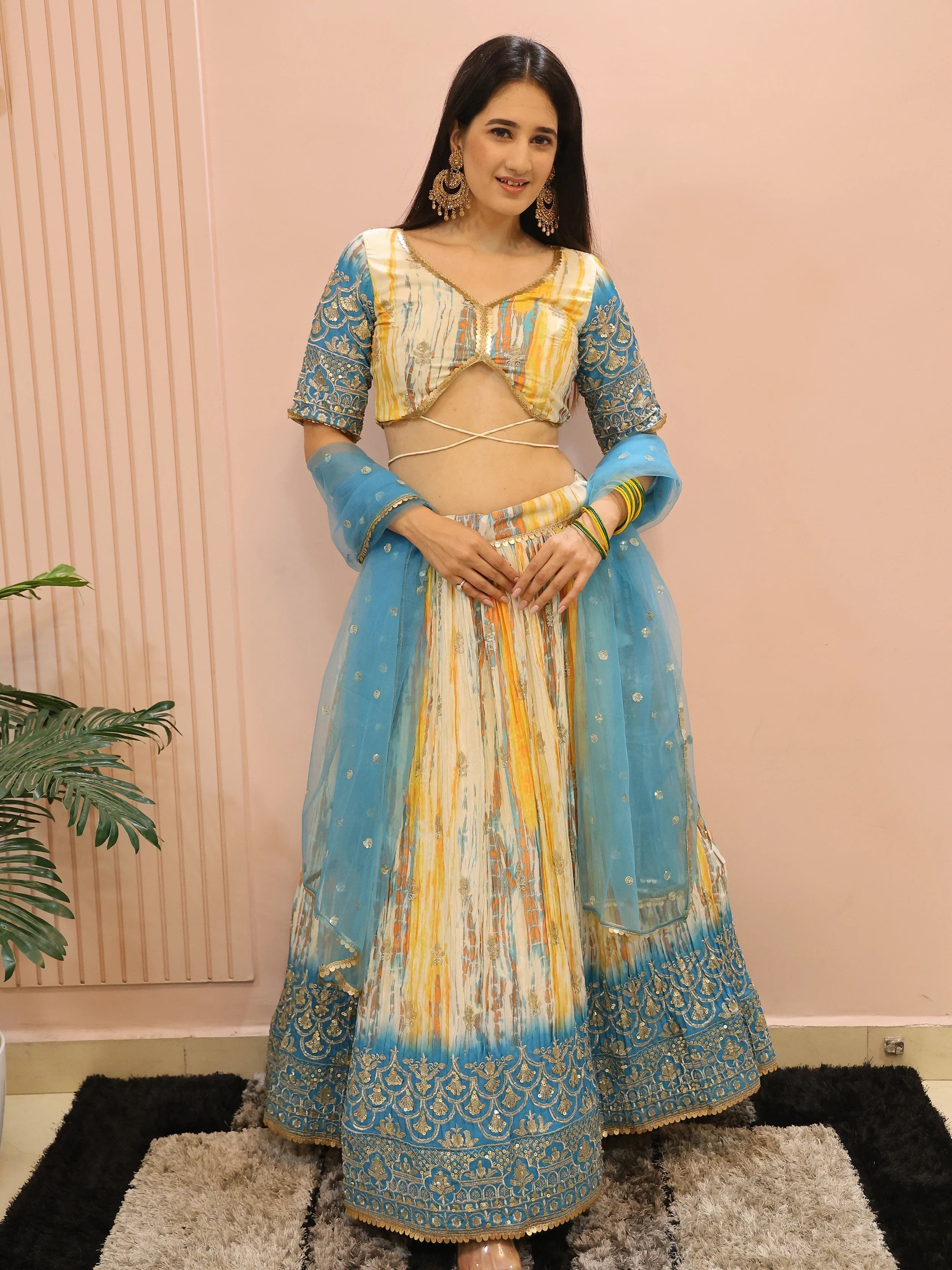 Multi Chinon Thread Embroidered Festival Wear Lehenga Choli for Women