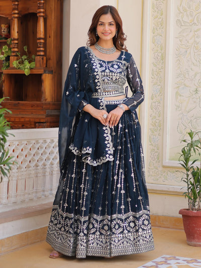 Navy Sophisticated Thread Embroidered Georgette Wedding Lehenga Choli for Women