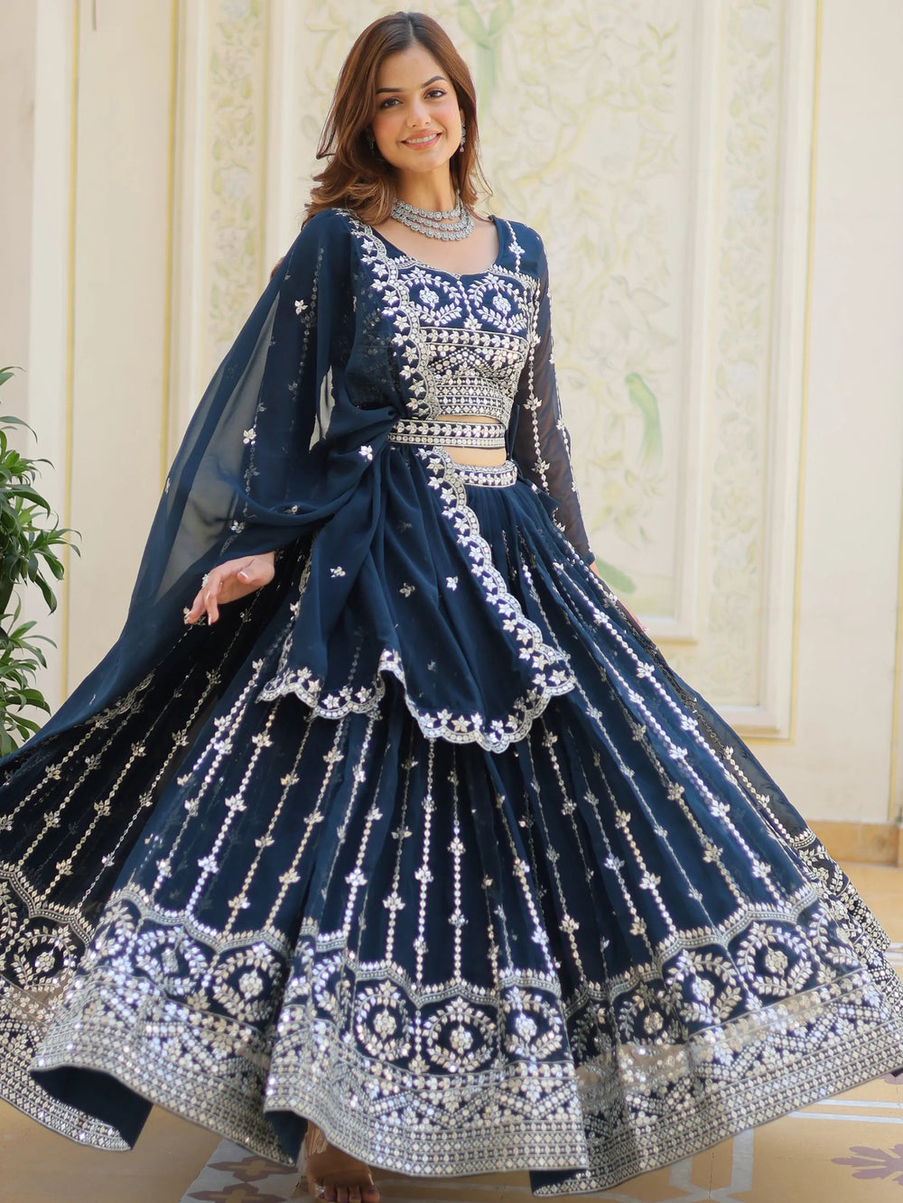 Navy Sophisticated Thread Embroidered Georgette Wedding Lehenga Choli for Women