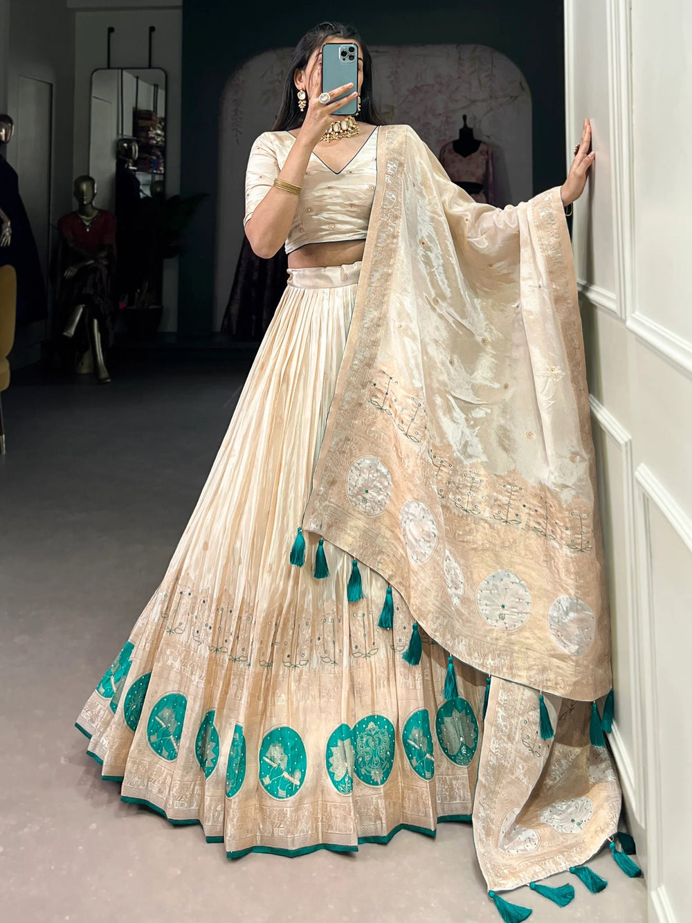 Off-White Silk Weaving Festival Wear Lehenga Choli for Women
