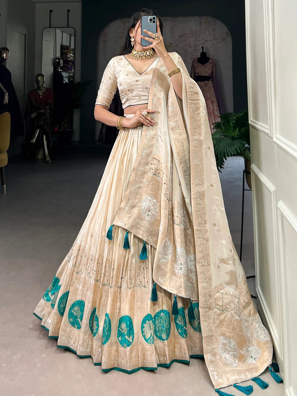 Off-White Silk Weaving Festival Wear Lehenga Choli for Women
