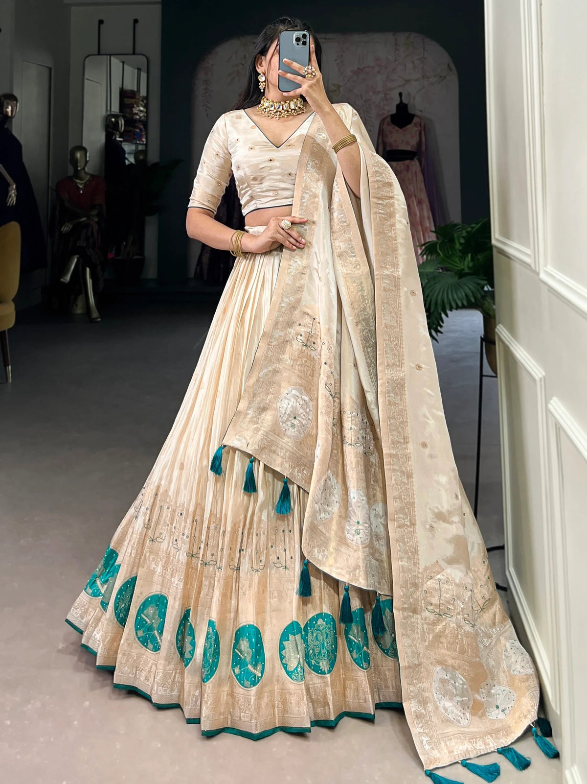 Off-White Silk Weaving Festival Wear Lehenga Choli for Women