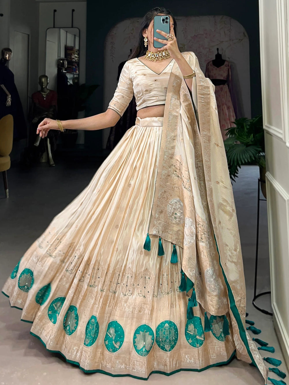 Off-White Silk Weaving Festival Wear Lehenga Choli for Women