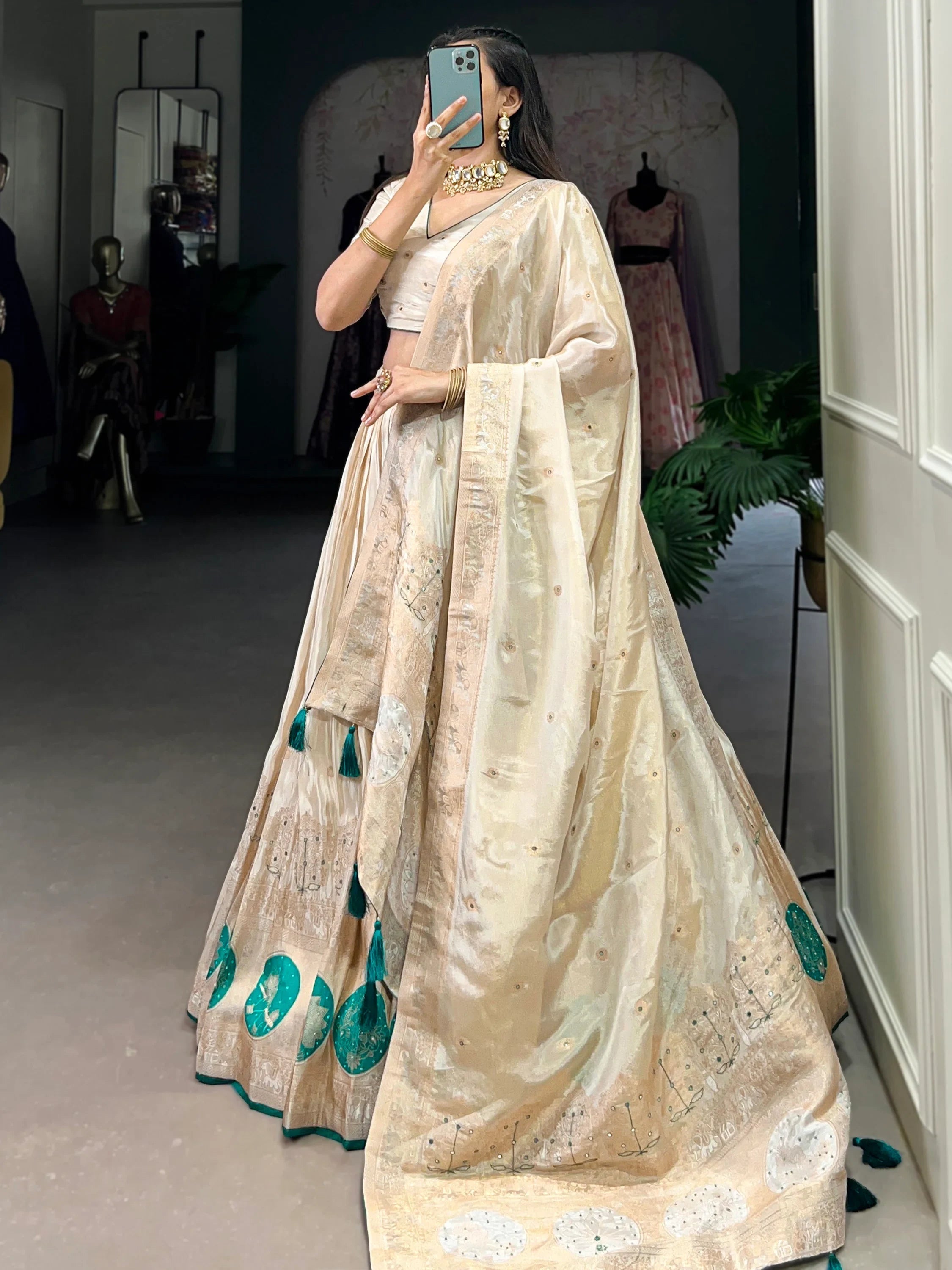 Off-White Silk Weaving Festival Wear Lehenga Choli for Women