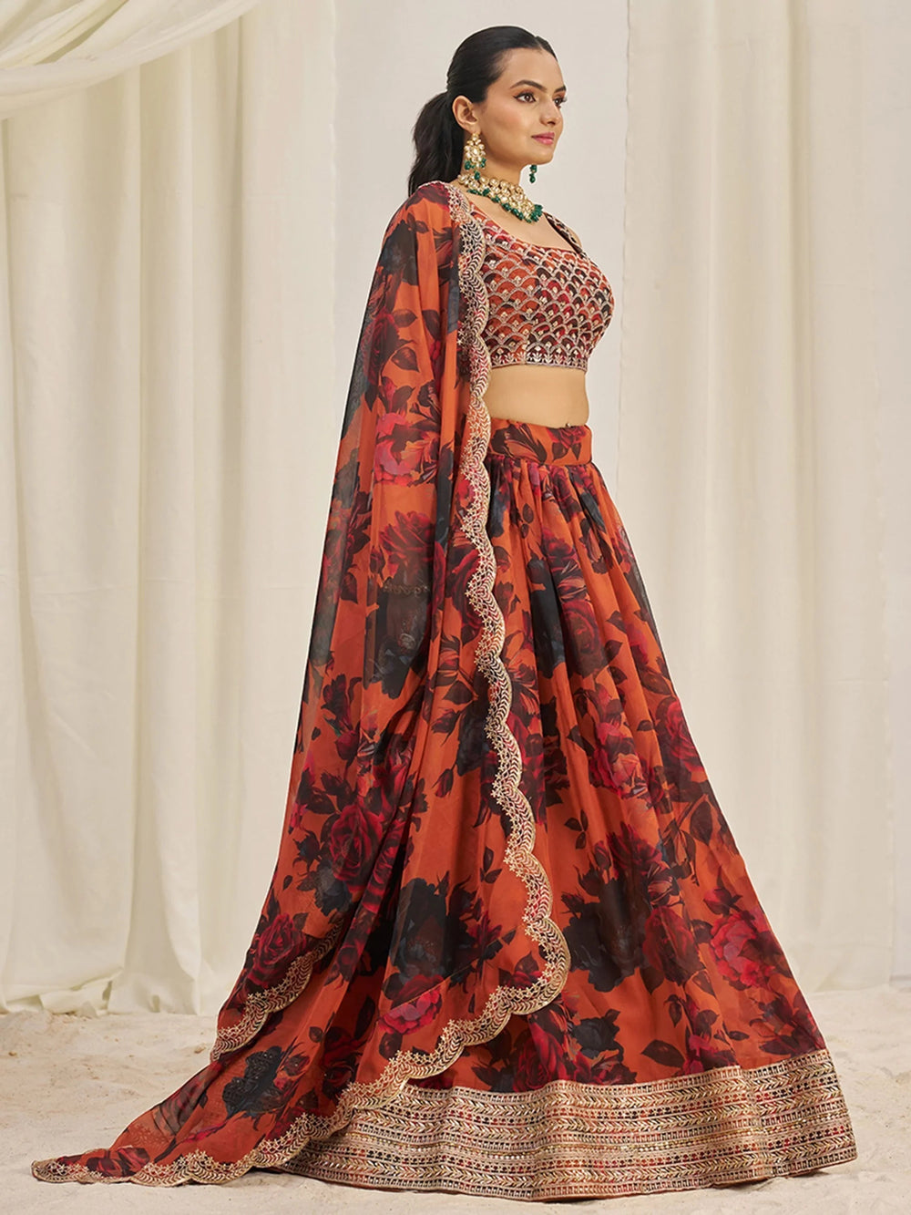 Orange Tantalizing Floral Printed Organza Mehendi Wear Lehenga Choli for Women