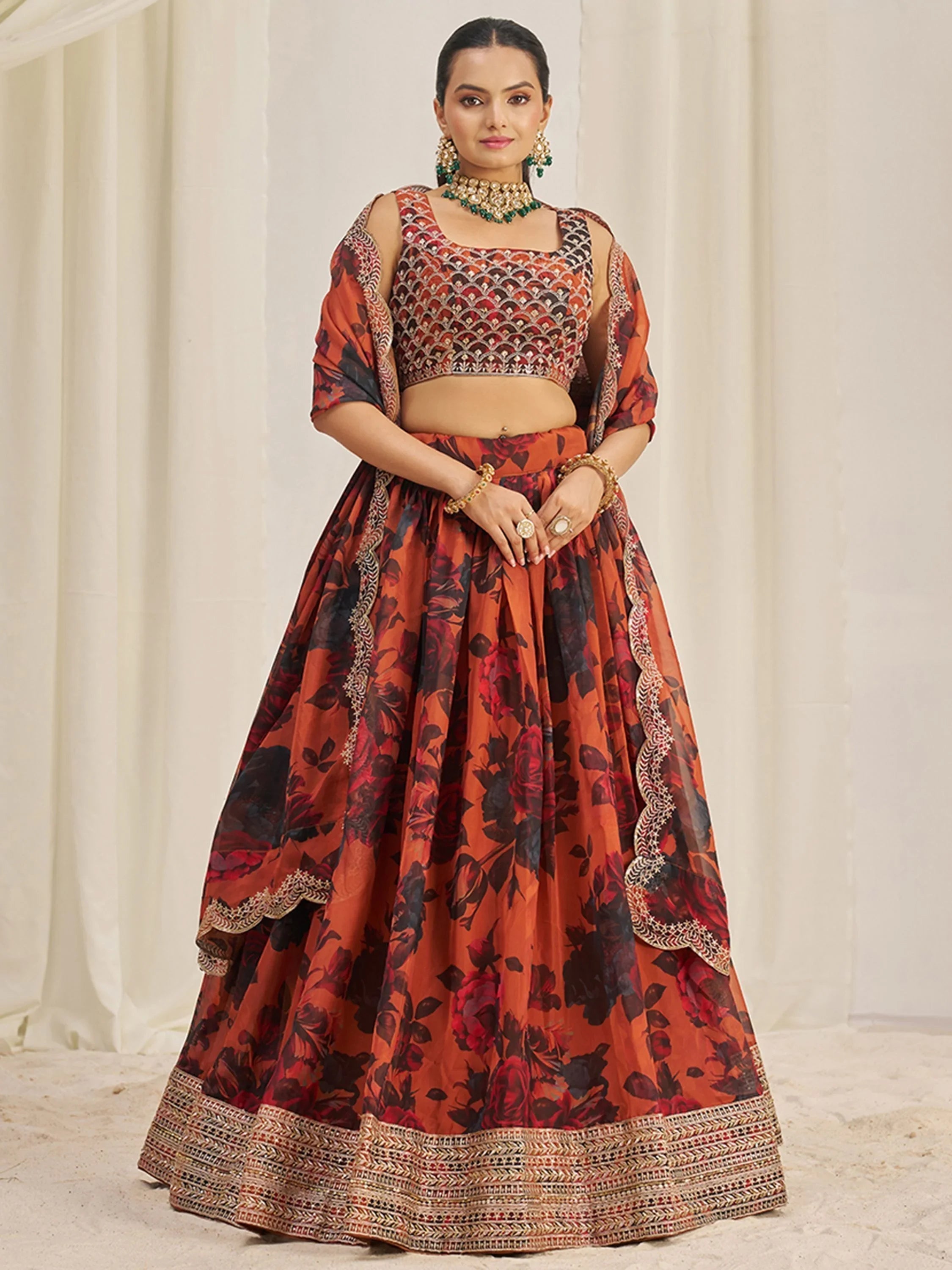 Orange Tantalizing Floral Printed Organza Mehendi Wear Lehenga Choli for Women