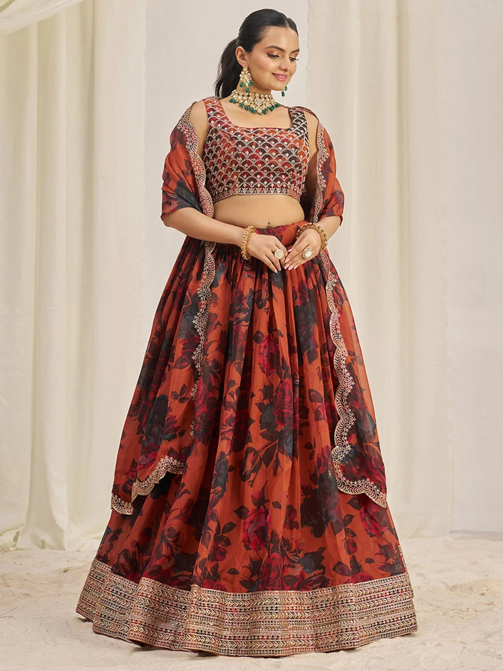 Orange Tantalizing Floral Printed Organza Mehendi Wear Lehenga Choli for Women