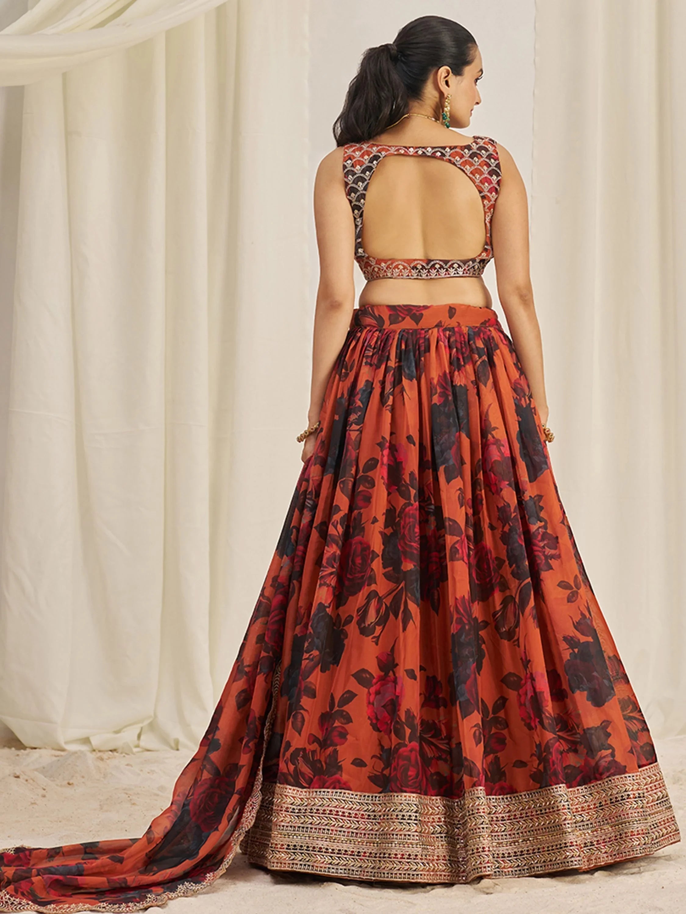 Orange Tantalizing Floral Printed Organza Mehendi Wear Lehenga Choli for Women