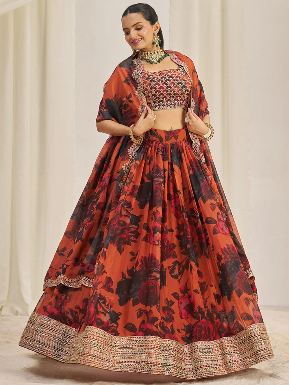 Orange Tantalizing Floral Printed Organza Mehendi Wear Lehenga Choli for Women