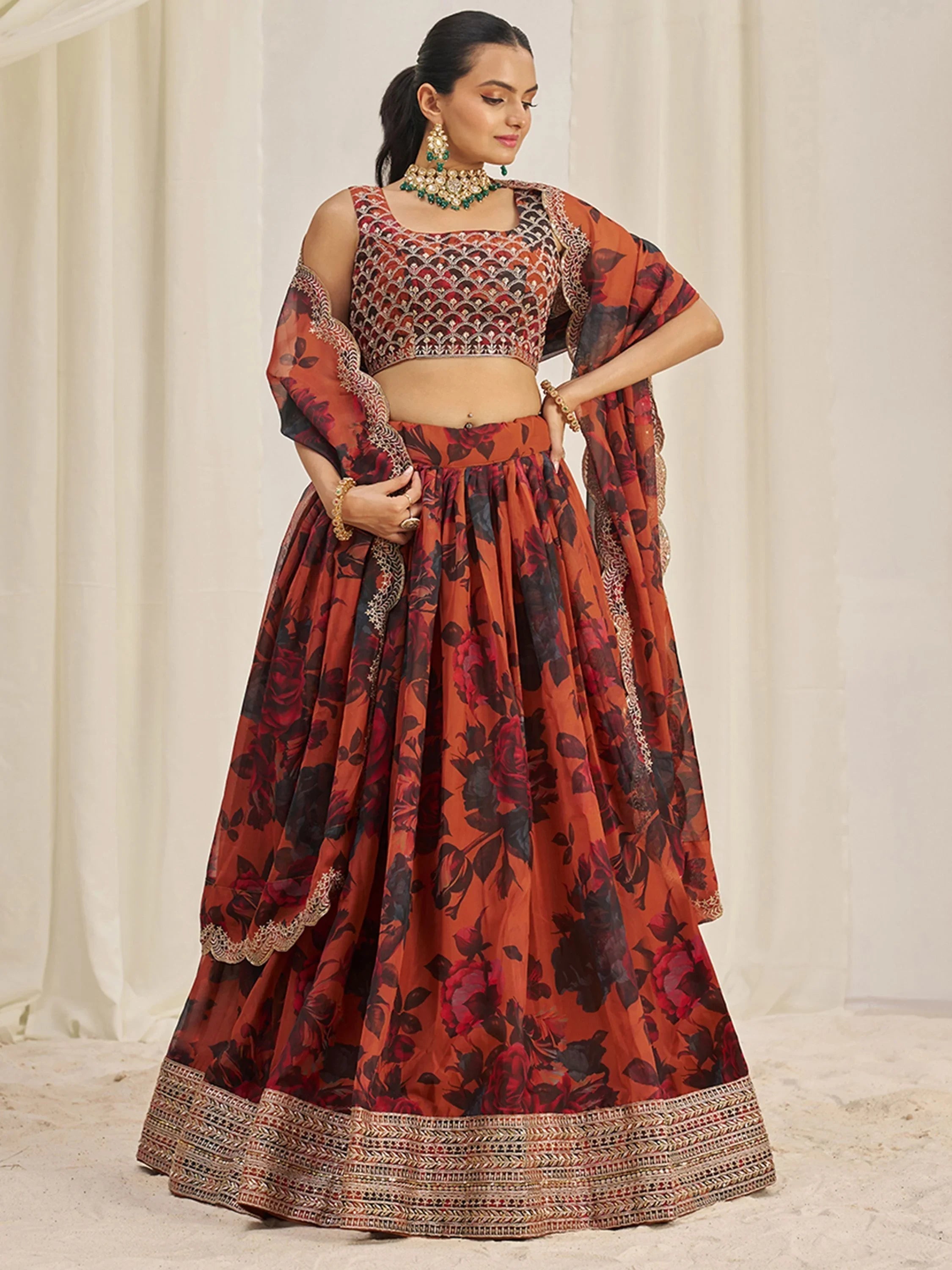 Orange Tantalizing Floral Printed Organza Mehendi Wear Lehenga Choli for Women