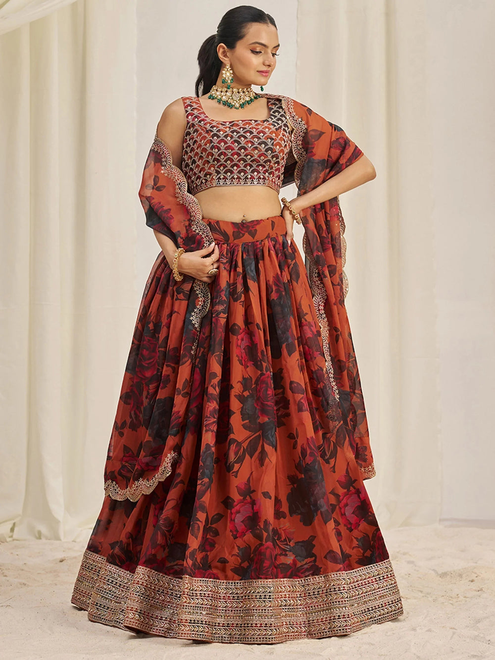 Orange Tantalizing Floral Printed Organza Mehendi Wear Lehenga Choli for Women