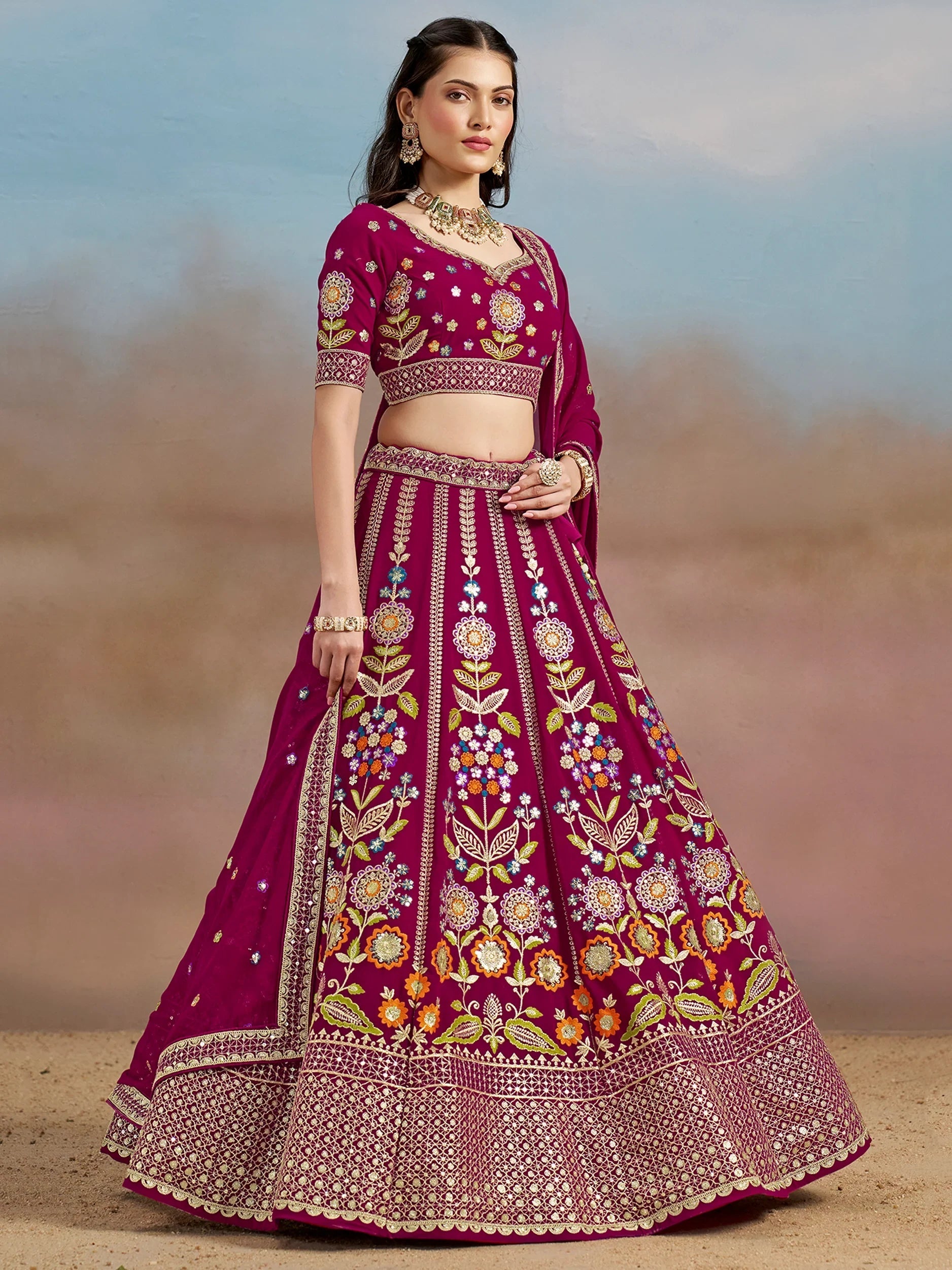 Sequins georgette lehenga choli with dupatta for wedding and mehendi ceremony