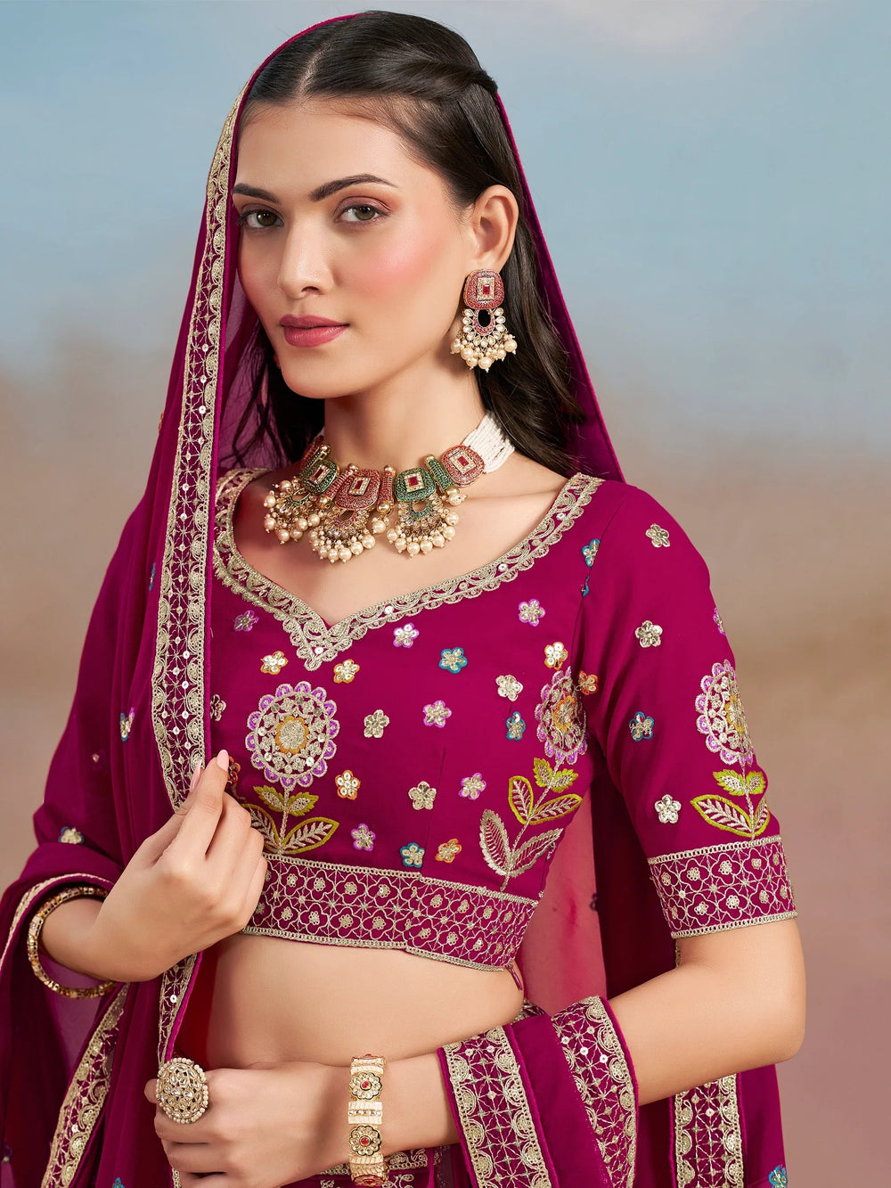 Sequins georgette lehenga choli with dupatta for wedding and mehendi ceremony