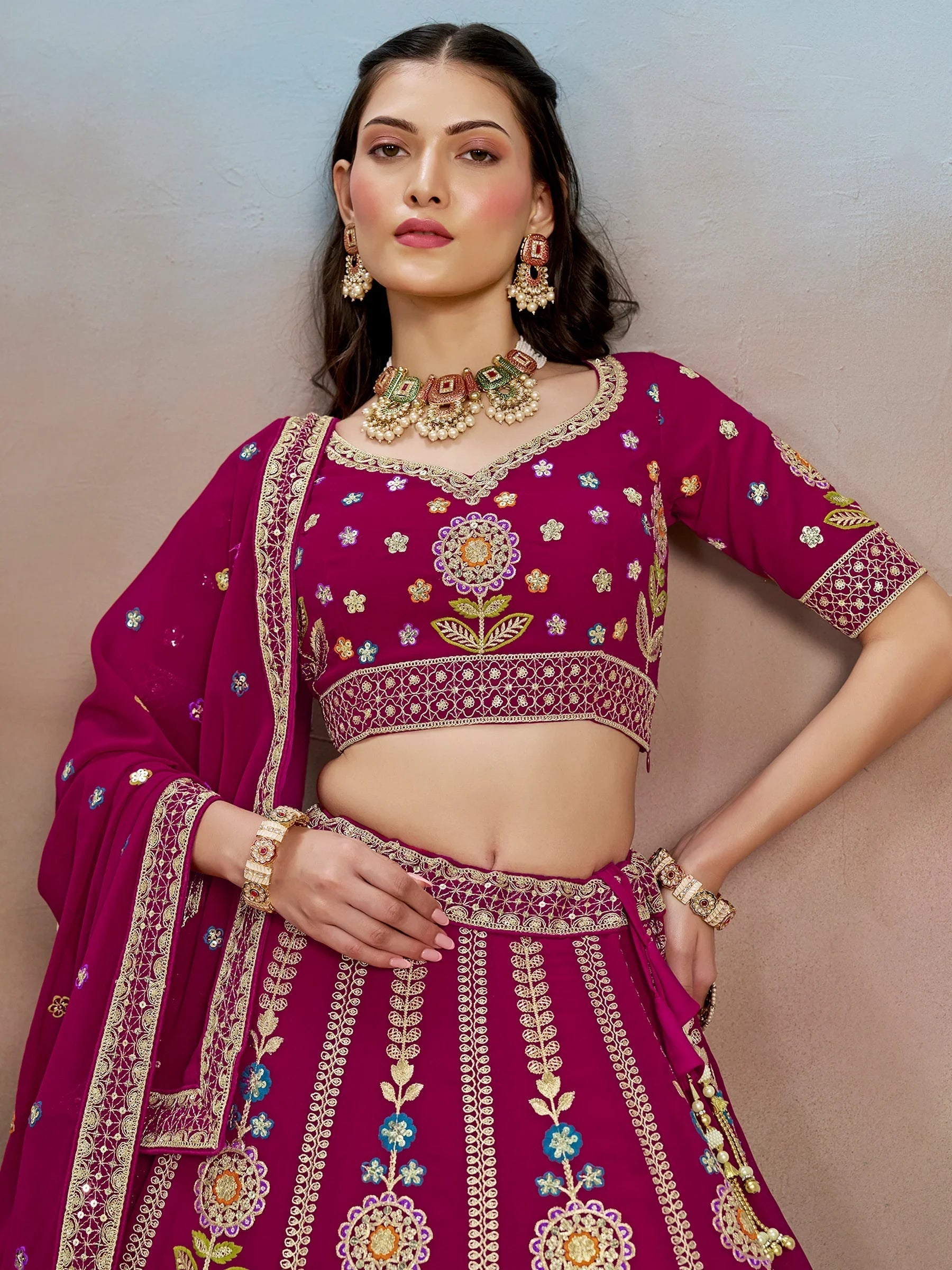 Sequins georgette lehenga choli with dupatta for wedding and mehendi ceremony