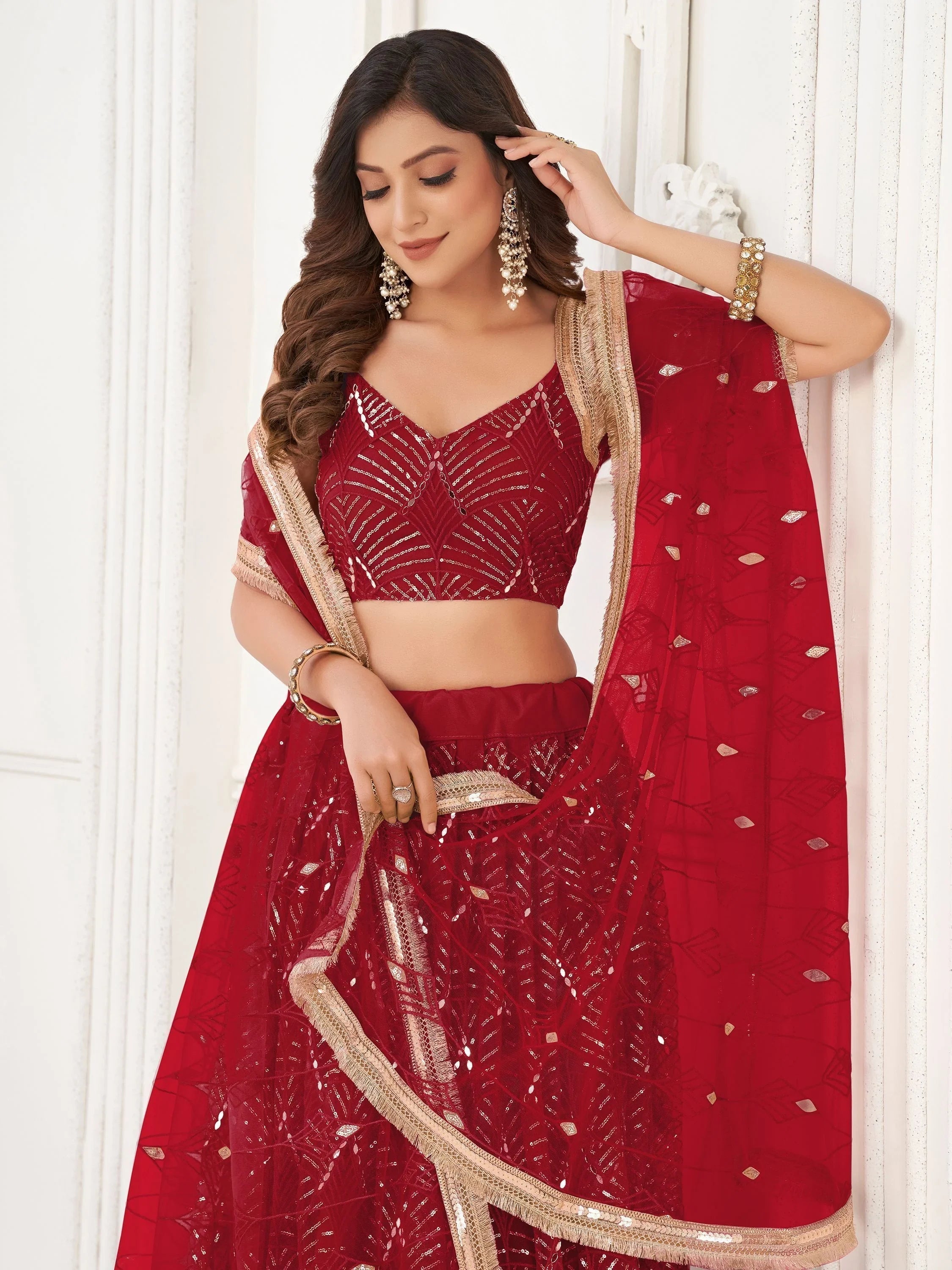 Red Incredible Thread Work Net Designer Lehenga Choli for Women
