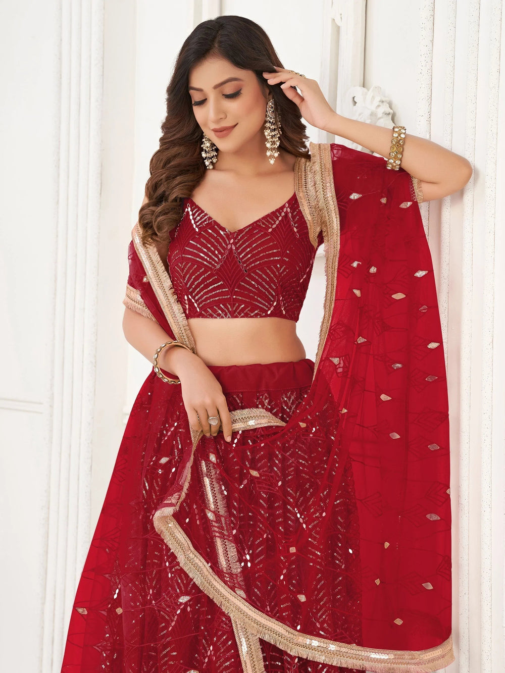 Red Incredible Thread Work Net Designer Lehenga Choli for Women