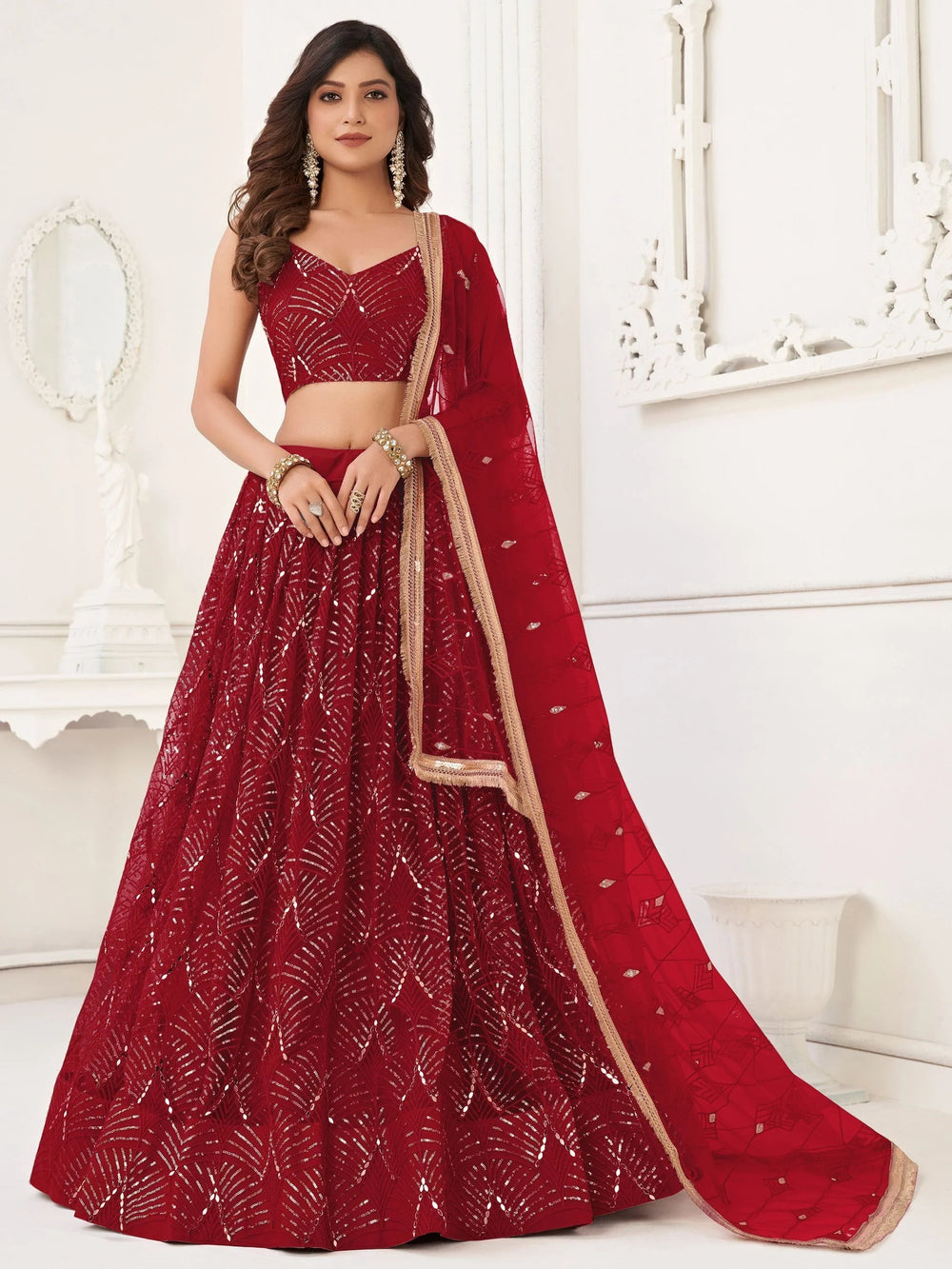 Red Incredible Thread Work Net Designer Lehenga Choli for Women