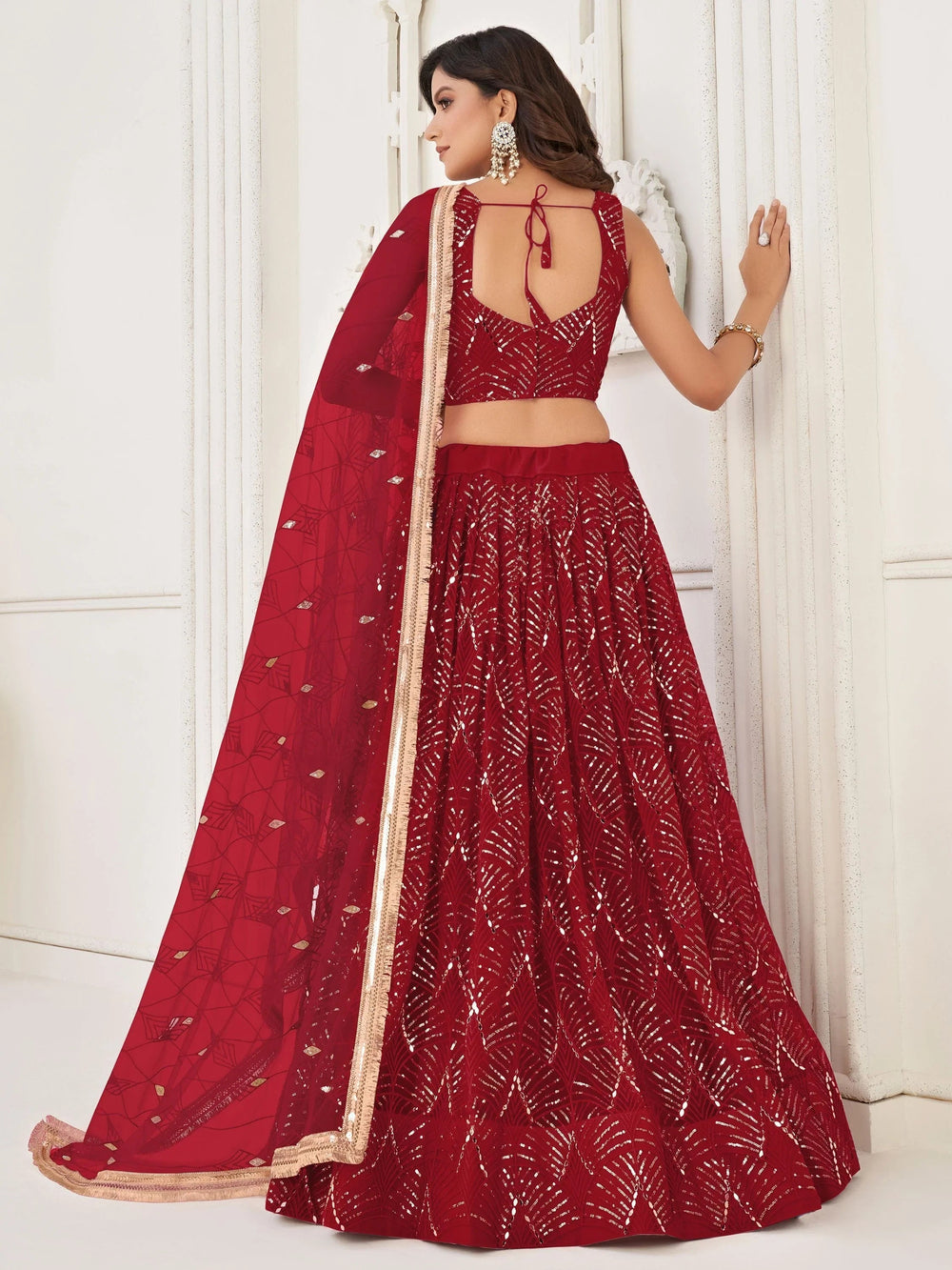 Red Incredible Thread Work Net Designer Lehenga Choli for Women