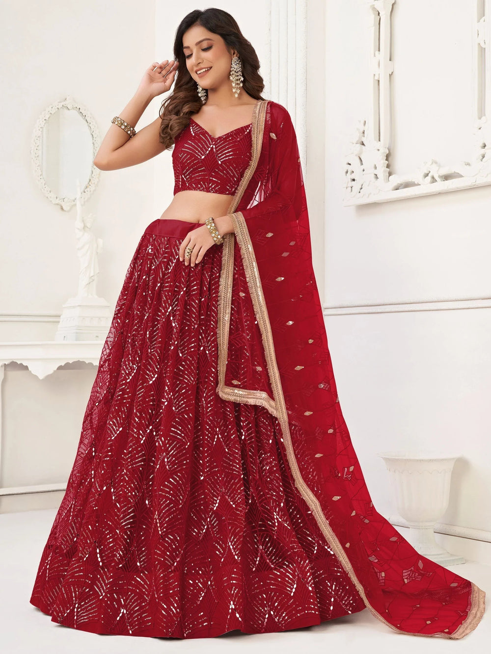 Red Incredible Thread Work Net Designer Lehenga Choli for Women