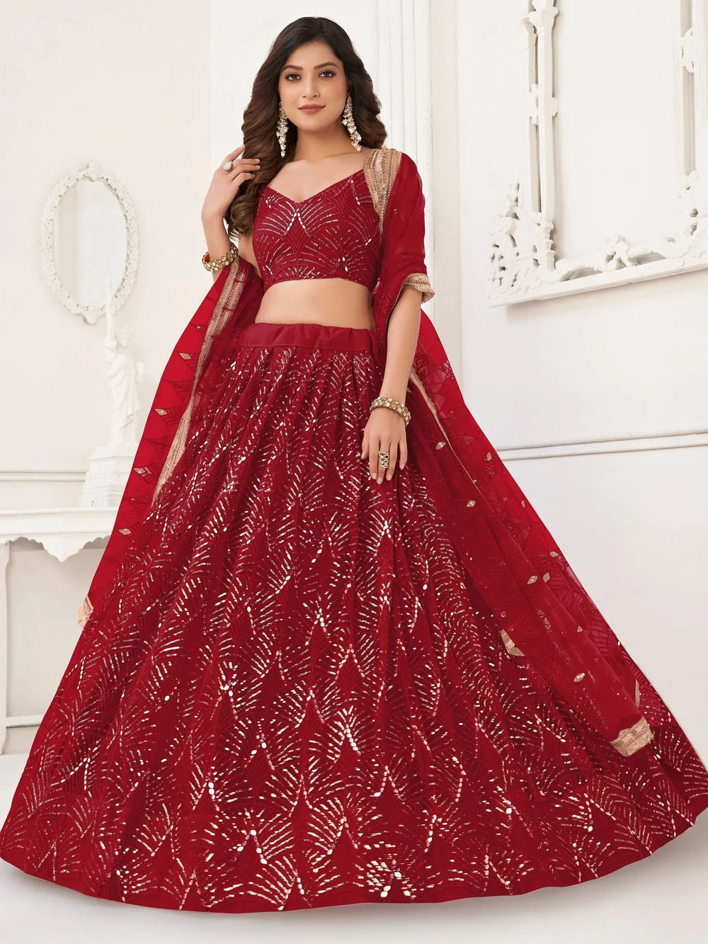 Red Incredible Thread Work Net Designer Lehenga Choli for Women