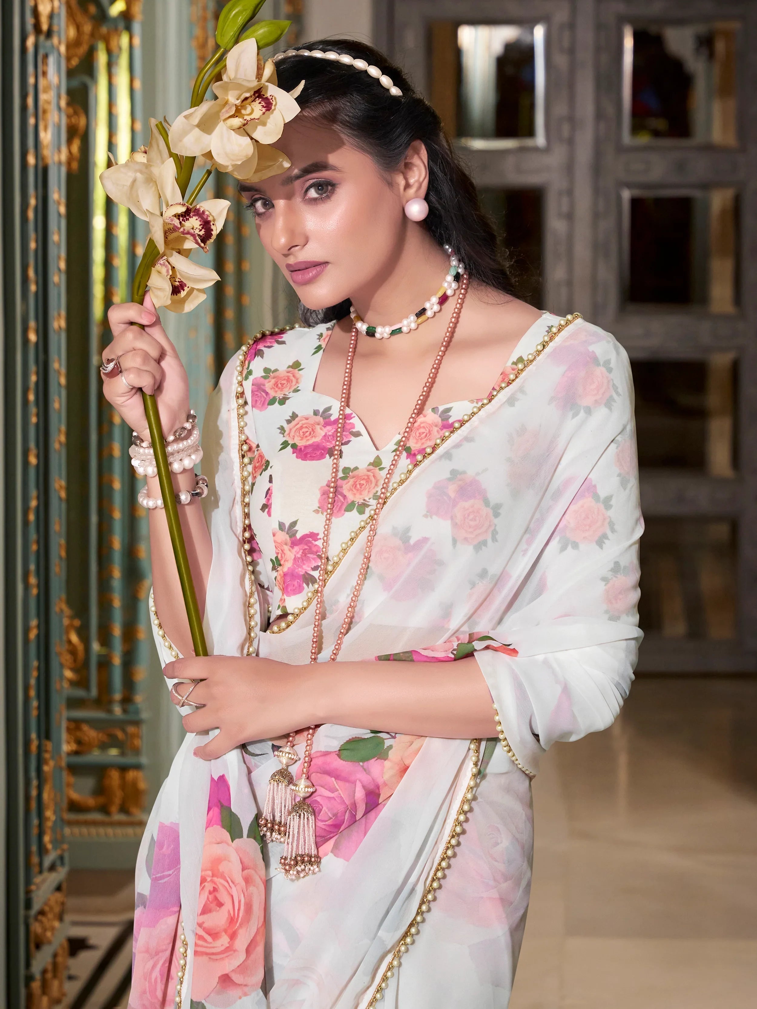 White Georgette Office Wear Saree With Blouse