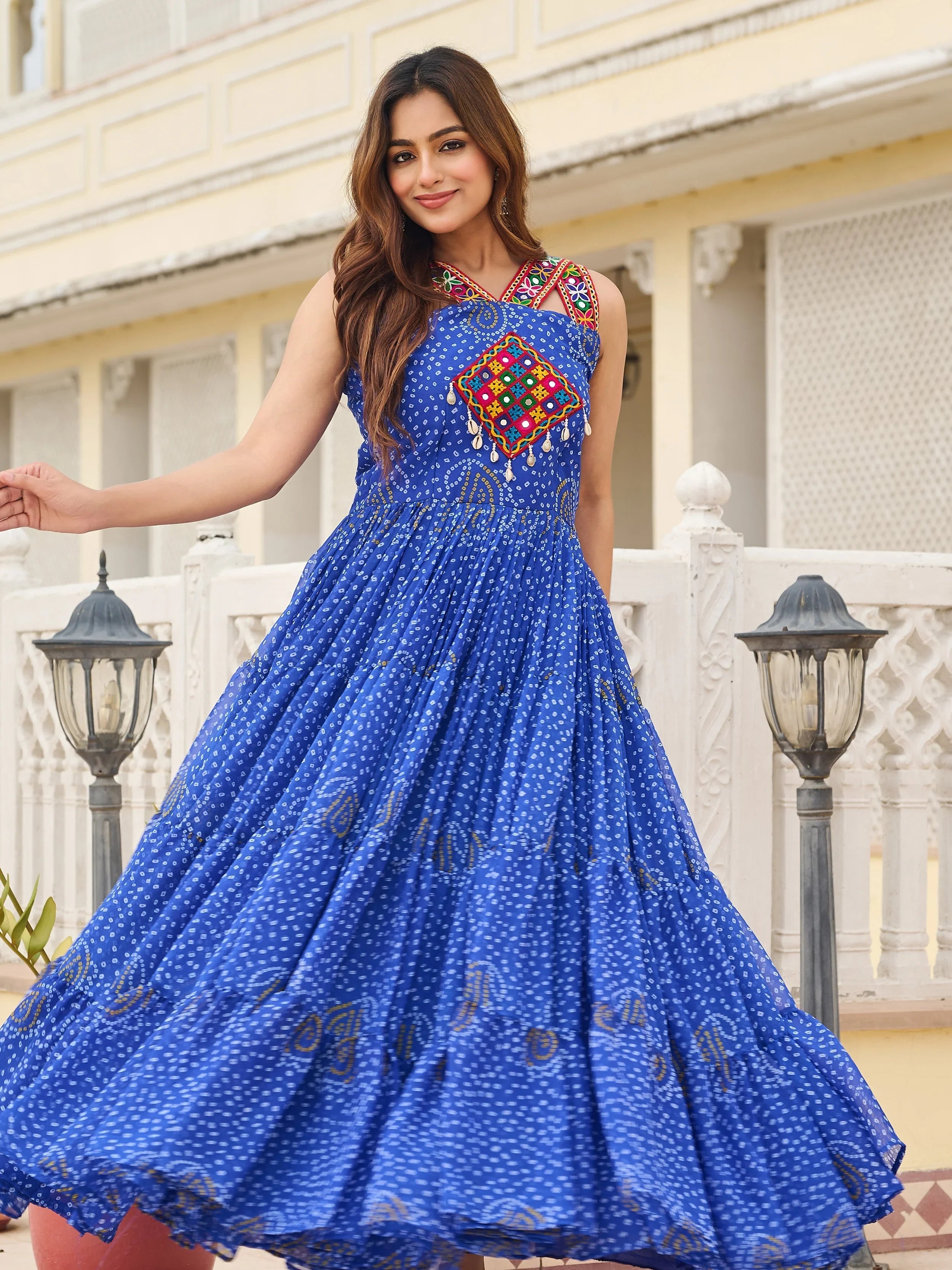 Blue Exquisite Stylish Bandhani Print Navratri Wear Gown for Women