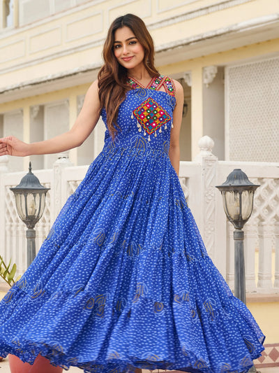 Blue Exquisite Stylish Bandhani Print Navratri Wear Gown for Women