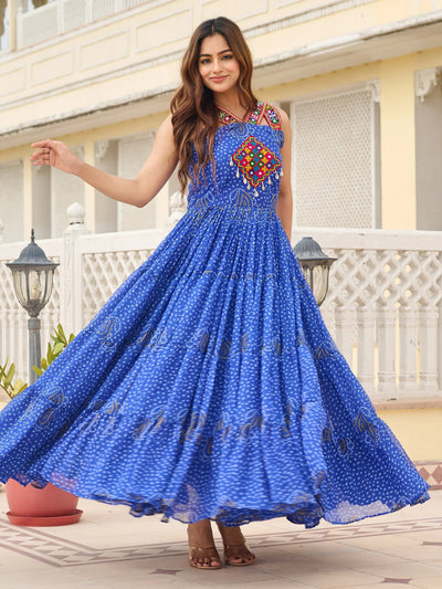 Blue Exquisite Stylish Bandhani Print Navratri Wear Gown for Women