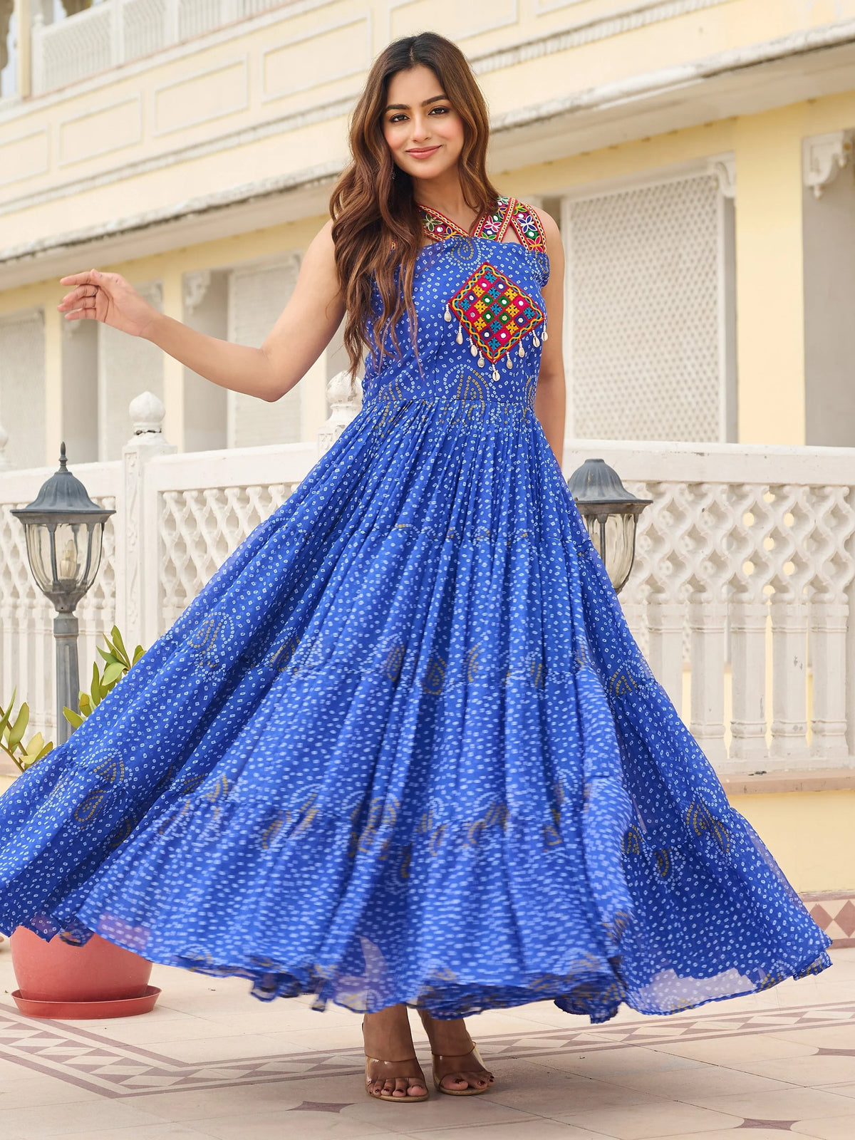 Blue Exquisite Stylish Bandhani Print Navratri Wear Gown for Women