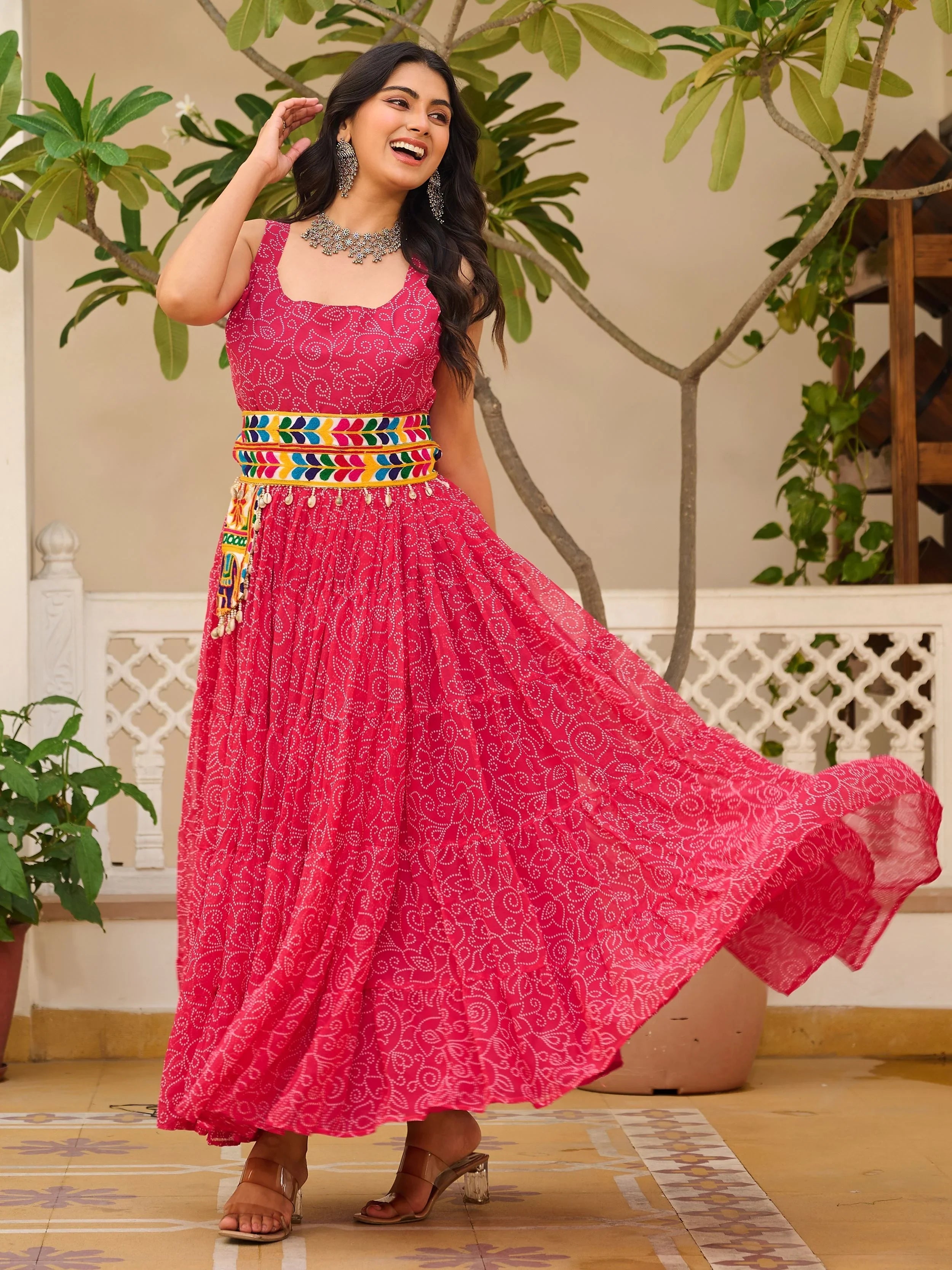 Pink Bandhani Print Georgette Navratri Wear Gown for Women