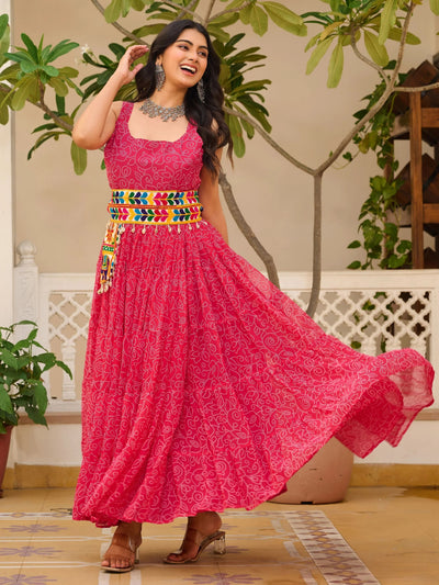 Pink Bandhani Print Georgette Navratri Wear Gown for Women