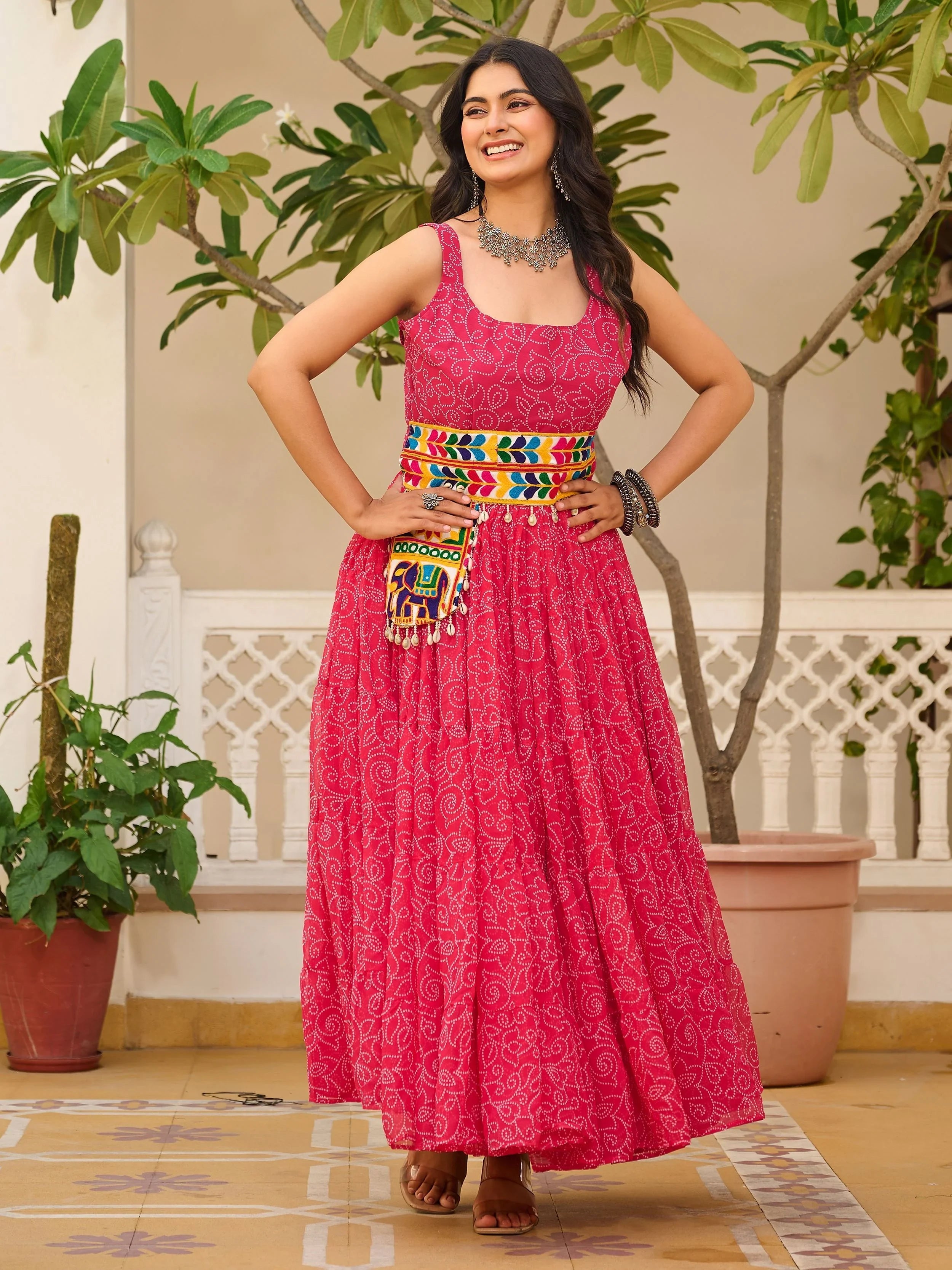Pink Bandhani Print Georgette Navratri Wear Gown for Women