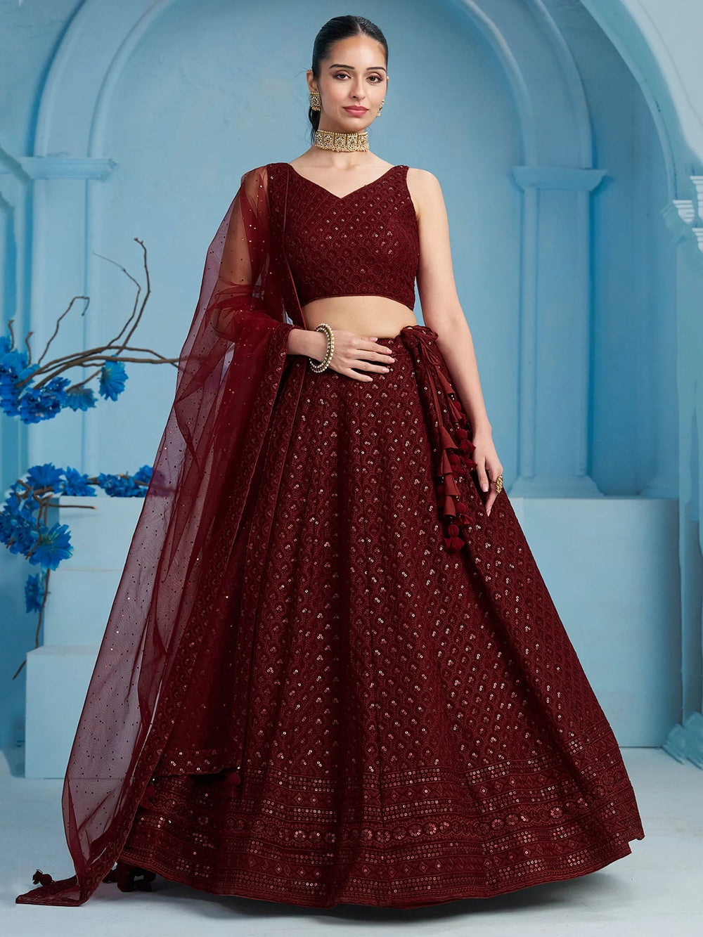Sequins georgette lehenga choli with thread embroidery for wedding and sangeet occasions