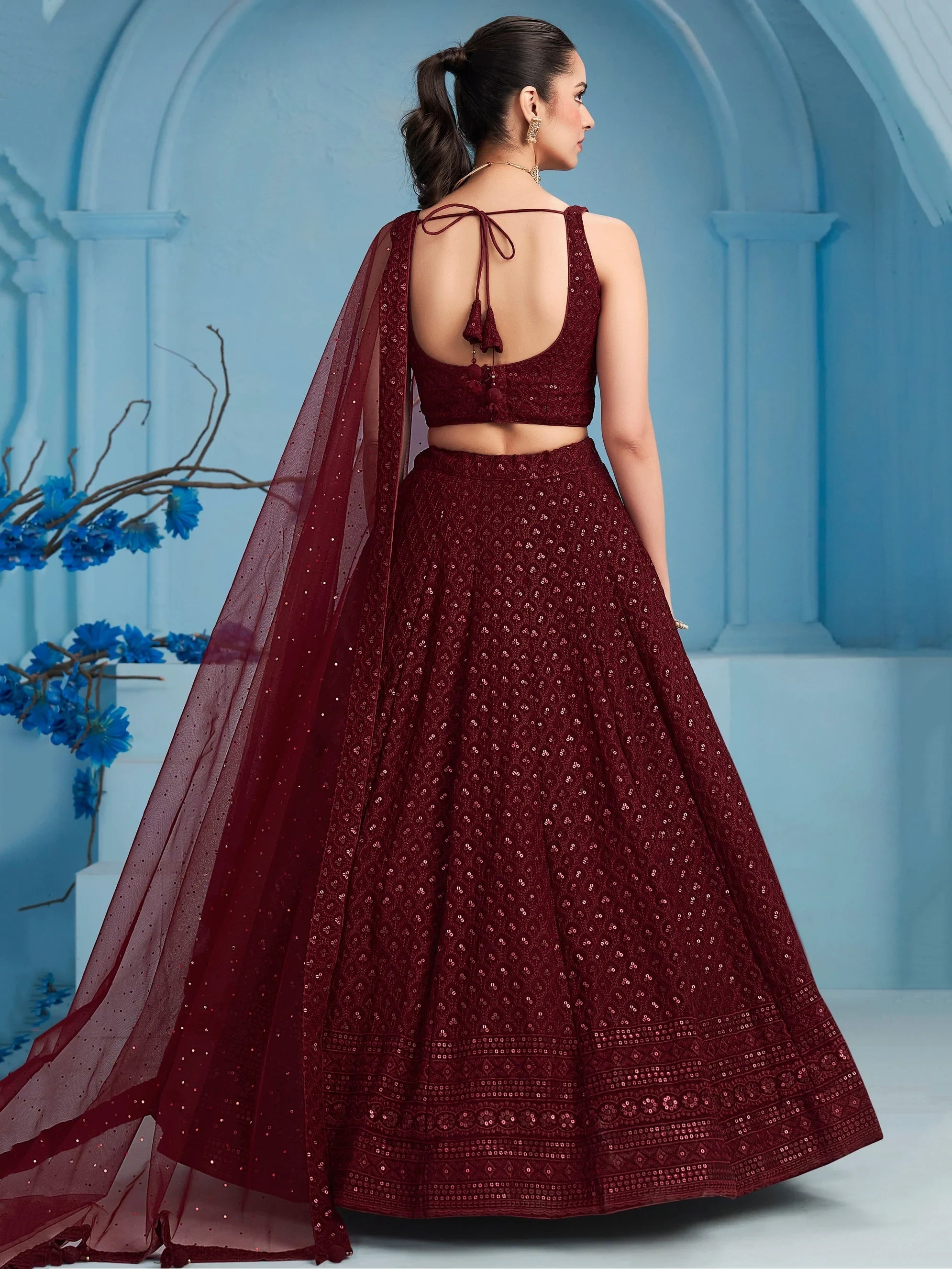 Sequins georgette lehenga choli with thread embroidery for wedding and sangeet occasions
