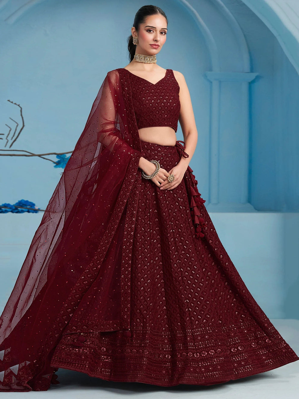 Sequins georgette lehenga choli with thread embroidery for wedding and sangeet occasions