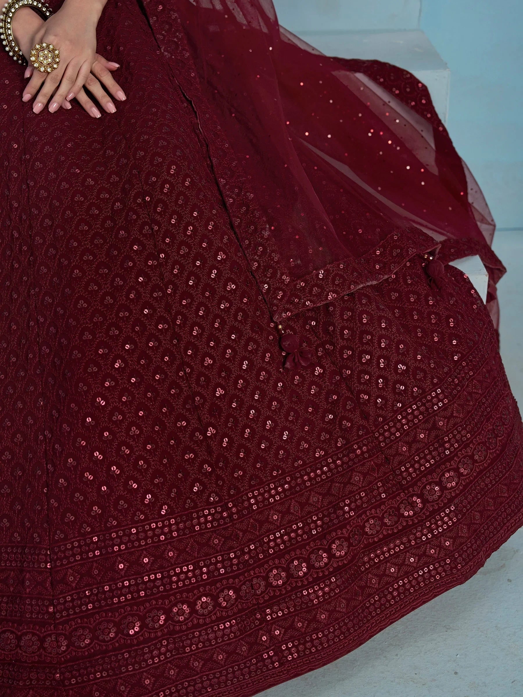 Sequins georgette lehenga choli with thread embroidery for wedding and sangeet occasions