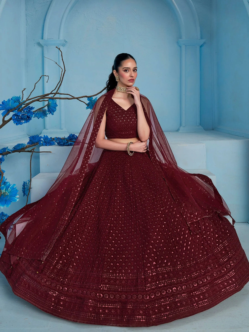 Sequins georgette lehenga choli with thread embroidery for wedding and sangeet occasions