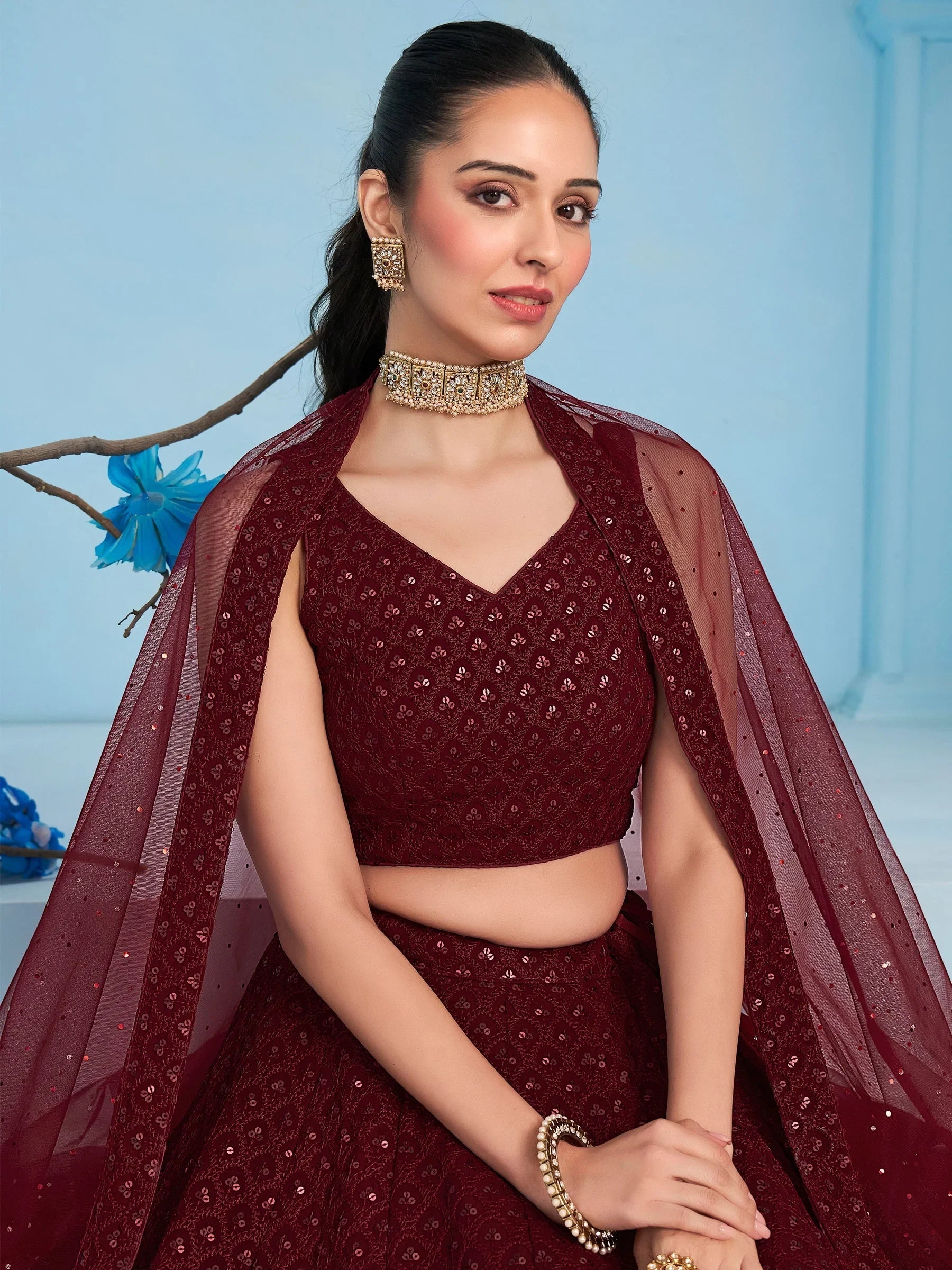 Sequins georgette lehenga choli with thread embroidery for wedding and sangeet occasions