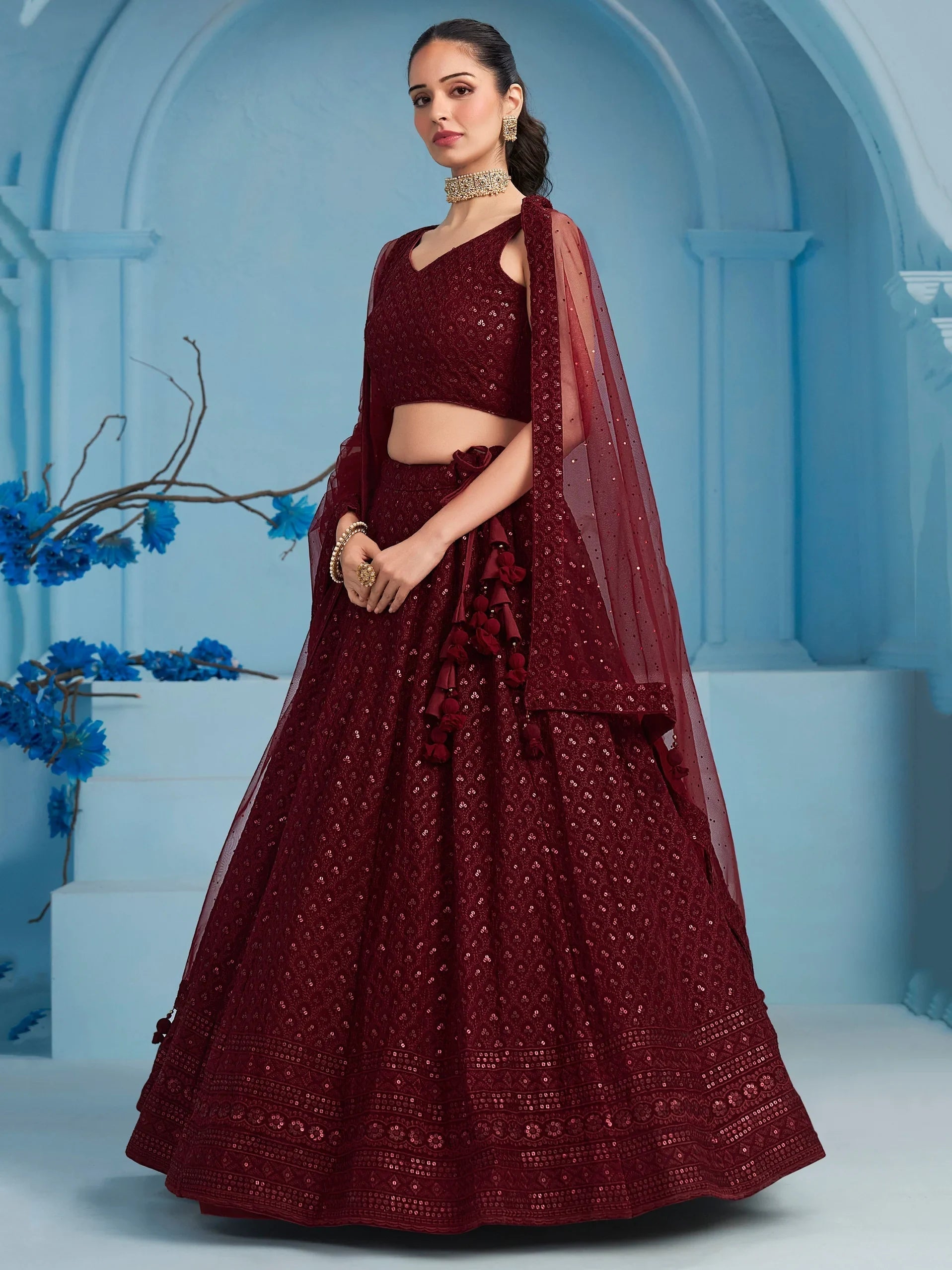 Sequins georgette lehenga choli with thread embroidery for wedding and sangeet occasions