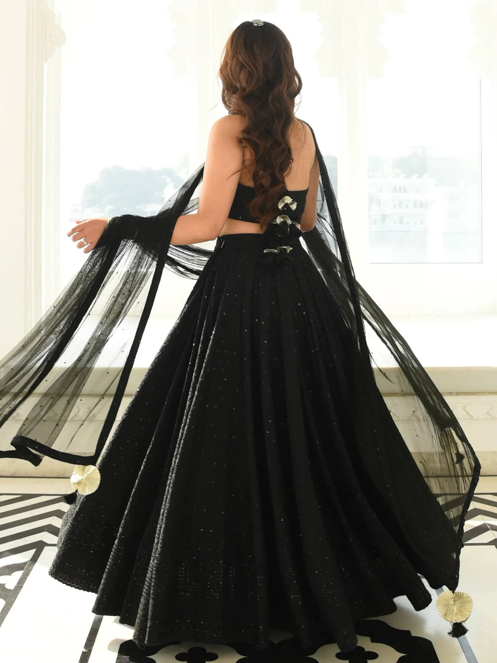 Sequins georgette lehenga choli with thread embroidery for wedding and sangeet occasions