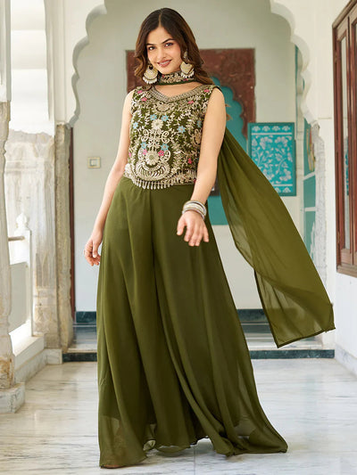 Green Stunning Thread Embroidered Mehendi Wear Palazzo Suit for Women